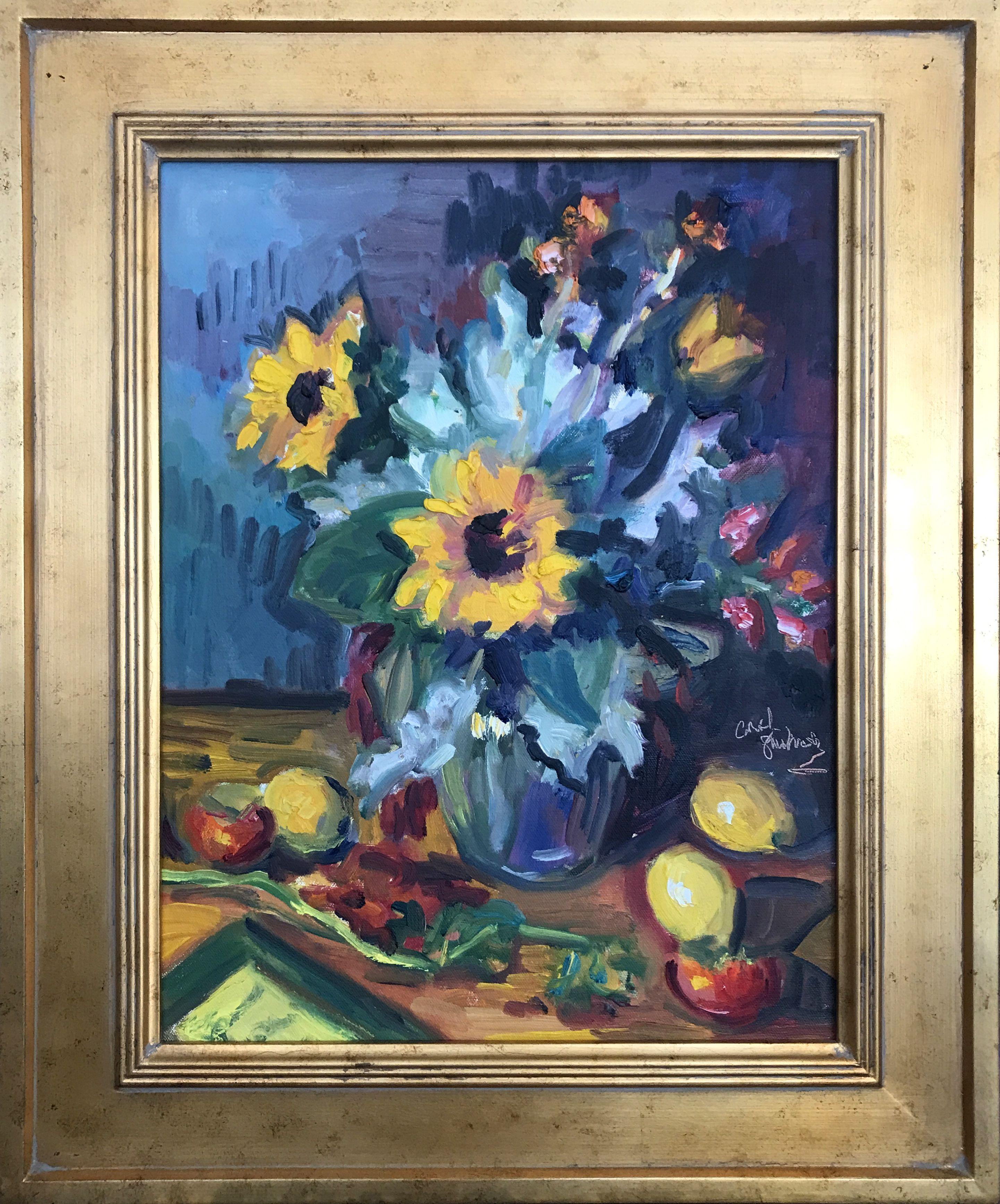 Girasoli con polvere di Miller, sfondo turchese, pittura, olio su pannello MDF - Painting Impressionismo di Carol Steinberg