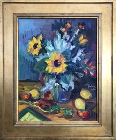 Sunflowers with Dusty Miller, Turquoise Background, Painting, Oil on MDF Panel