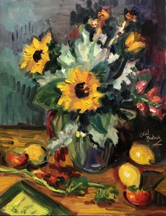 Sunflowers with Dusty Miller, Turquoise Background, Painting, Oil on MDF Panel