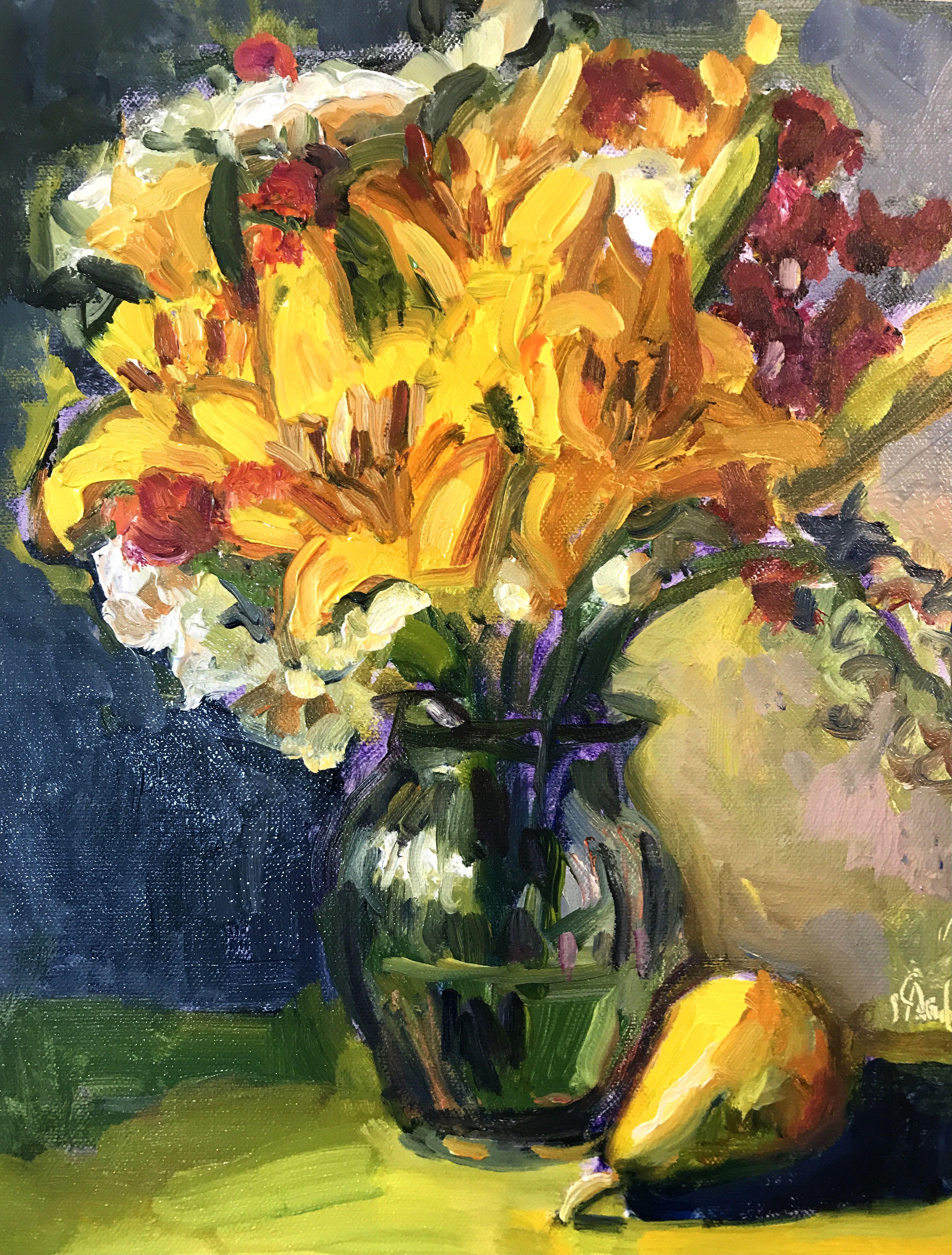Gigli gialli con pera, Pittura, Olio su pannello MDF - Painting di Carol Steinberg