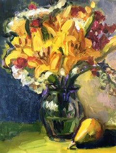 Yellow Lilies with Pear, Painting, Oil on MDF Panel