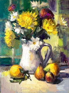 Yellow Mums and Daisies, Green Plaid, Painting, Oil on MDF Panel