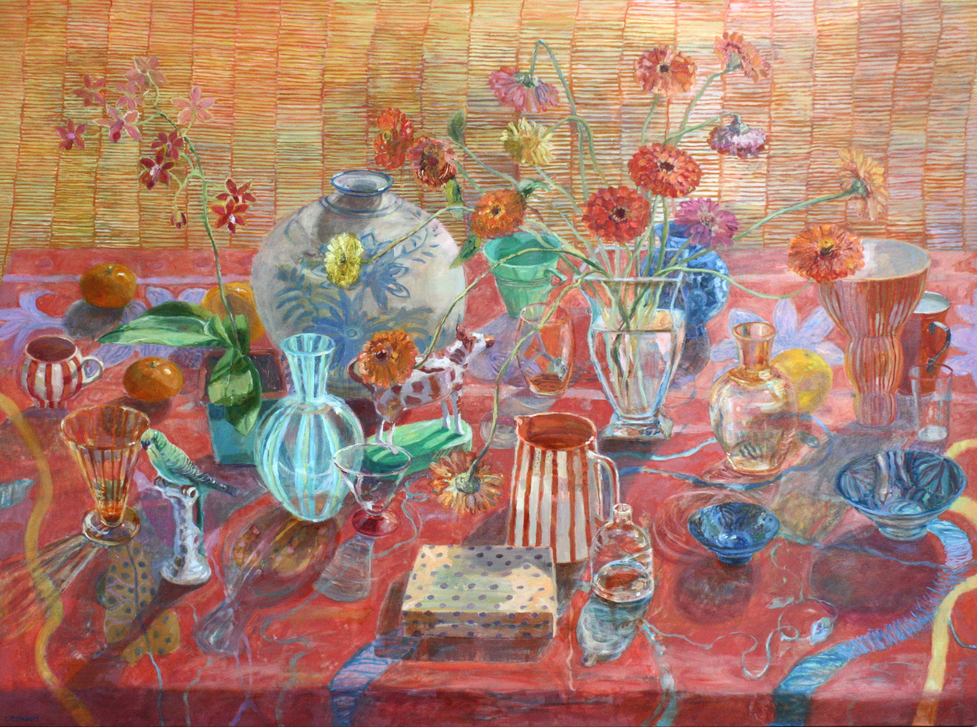 Still-Life Painting di Carol Stewart - Ritorno dal Marocco - Natura morta colorata in stile impressionista, pittura a olio