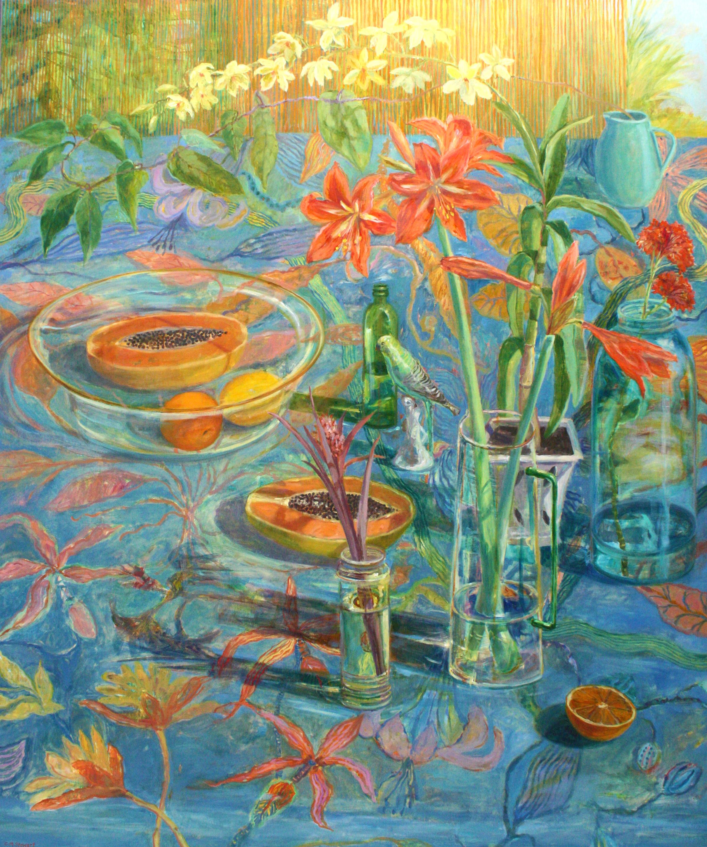 Carol Stewart Still-Life Painting - Blue Painting with Amaryllis - Colorful Impressionist Still Life Oil Painting