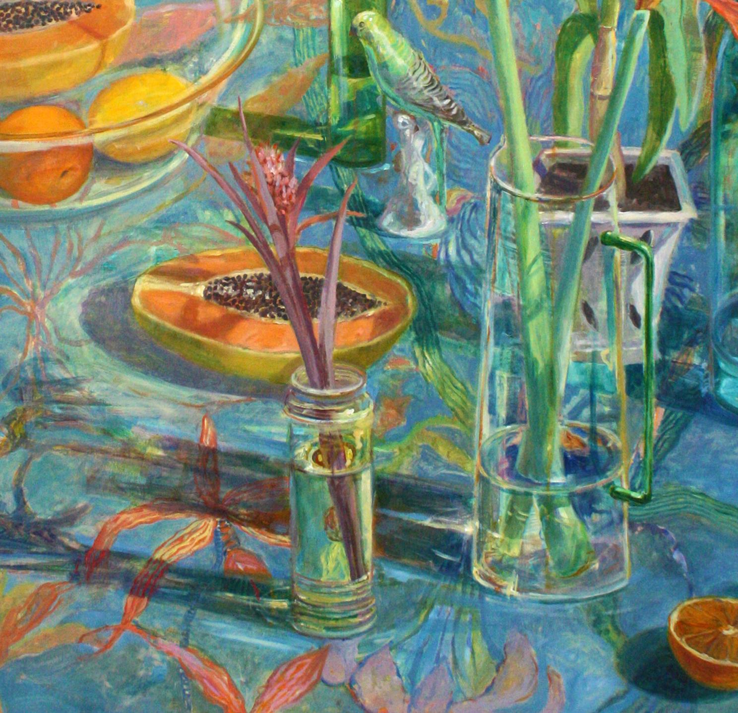 Blue Painting with Amaryllis - Colorful Impressionist Still Life Oil Painting For Sale 4