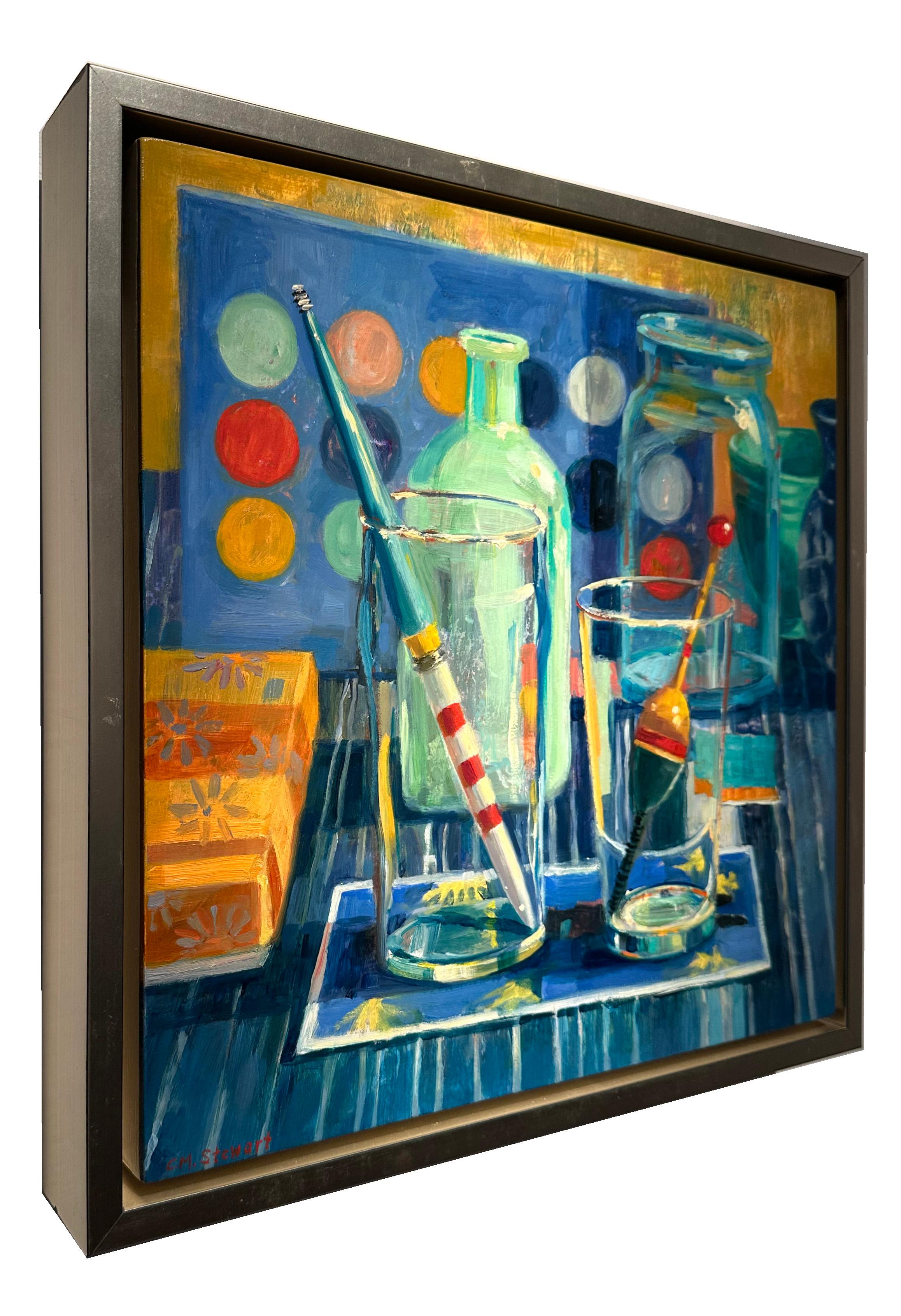 Bobbers - Colorato dipinto di natura morta in stile impressionista con esche da pesca - Still-Life Painting Grigio di Carol Stewart