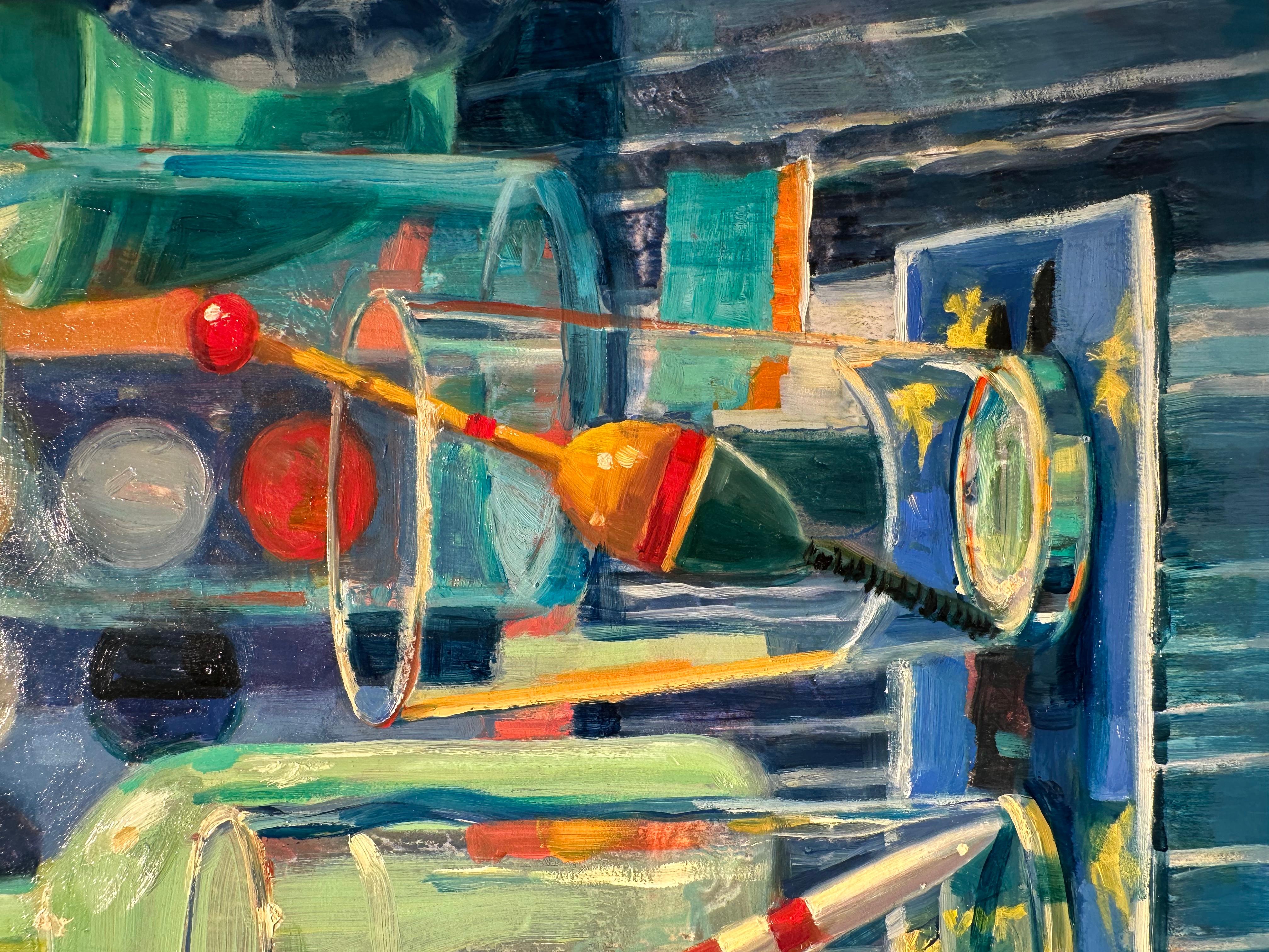 Bobbers - Colorato dipinto di natura morta in stile impressionista con esche da pesca in vendita 1