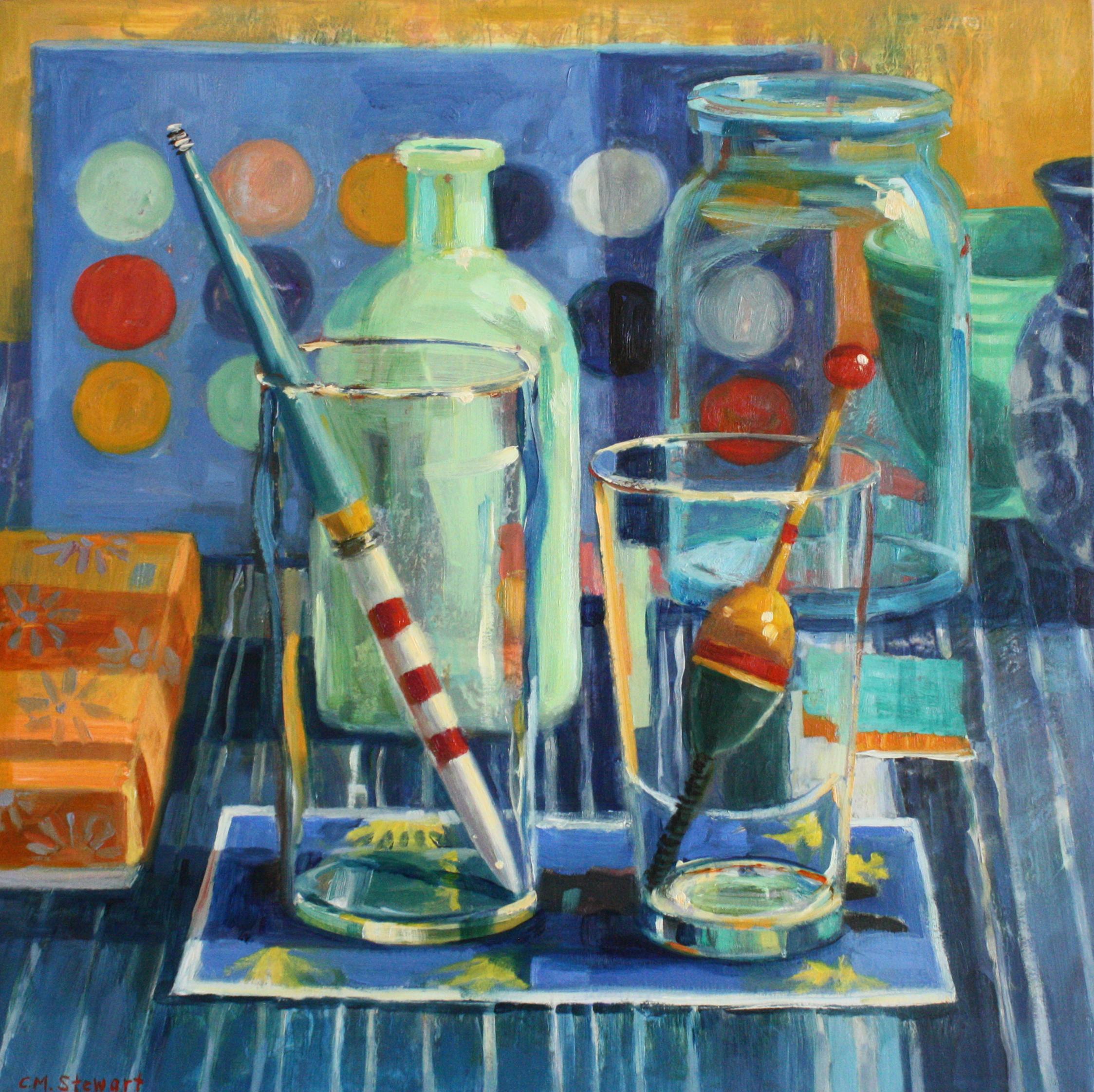 Still-Life Painting di Carol Stewart - Bobbers - Colorato dipinto di natura morta in stile impressionista con esche da pesca