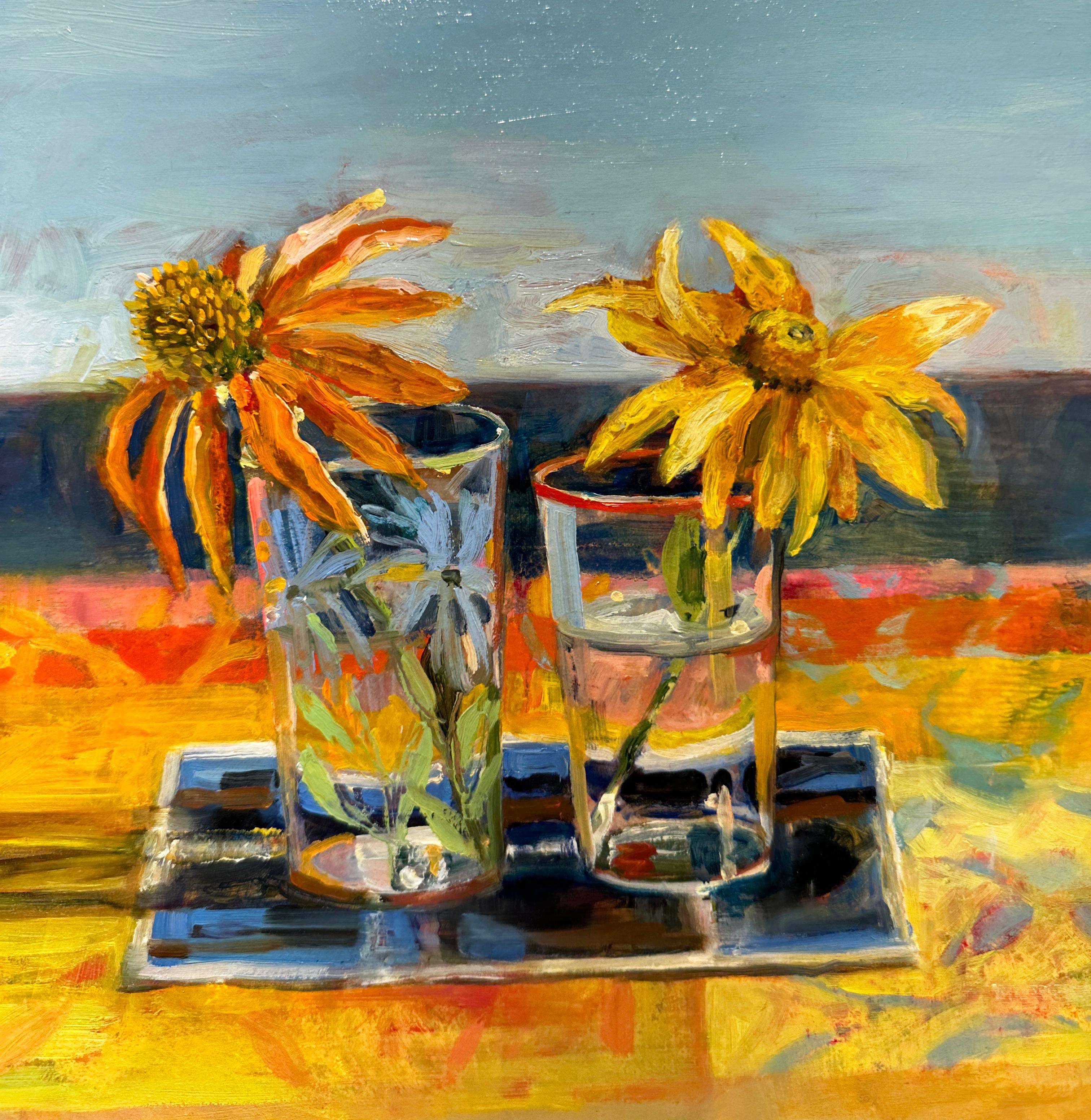 Coneflower, Rudbeckia - Colorful Floral Still Life Oil on Panel Painting For Sale 3