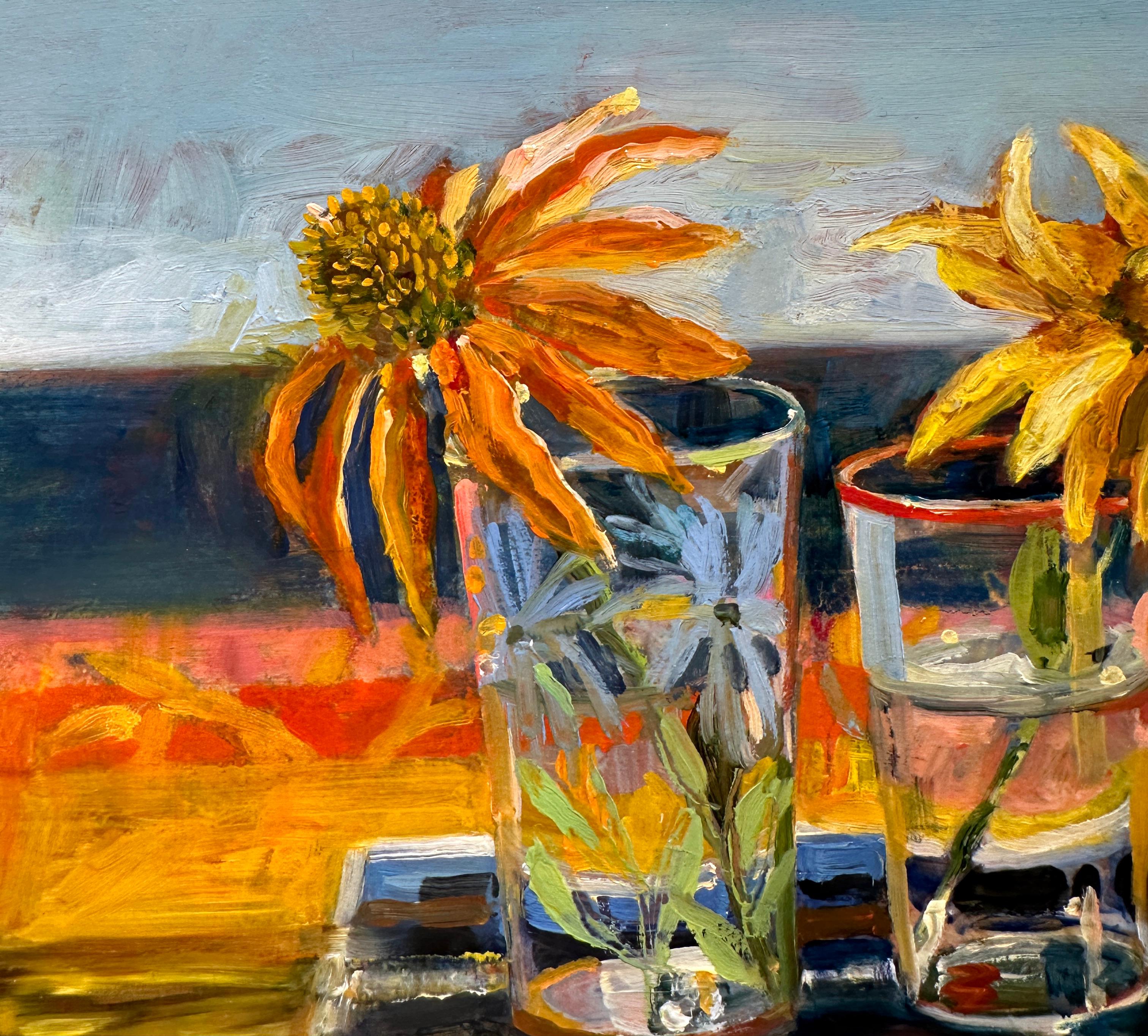 Coneflower, Rudbeckia - Colorful Floral Still Life Oil on Panel Painting For Sale 4