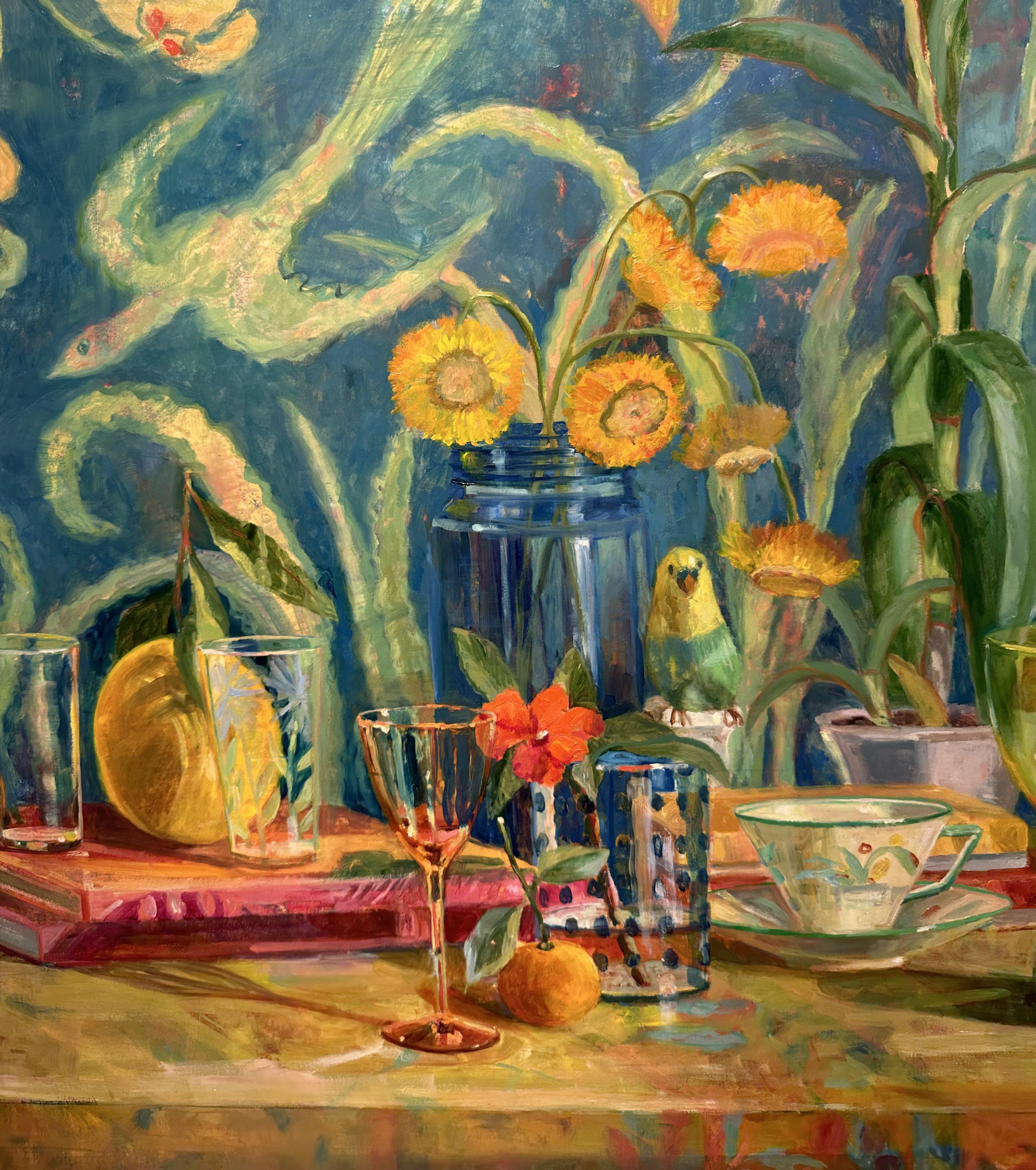 Birthday Birds, Still Life with Tablescape, Parakeet and Floral Wallpaper 1
