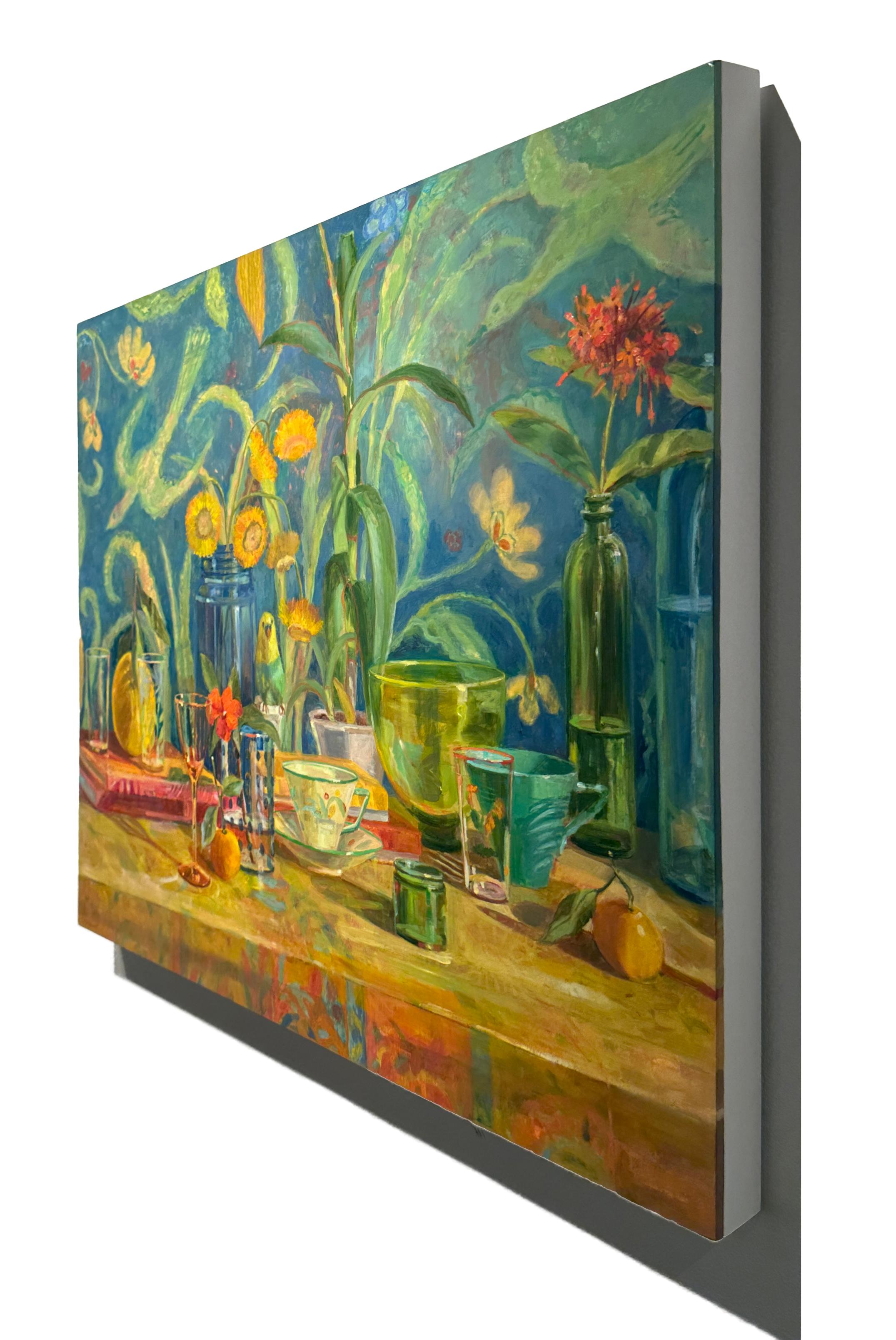 Birthday Birds, Still Life with Tablescape, Parakeet and Floral Wallpaper 2