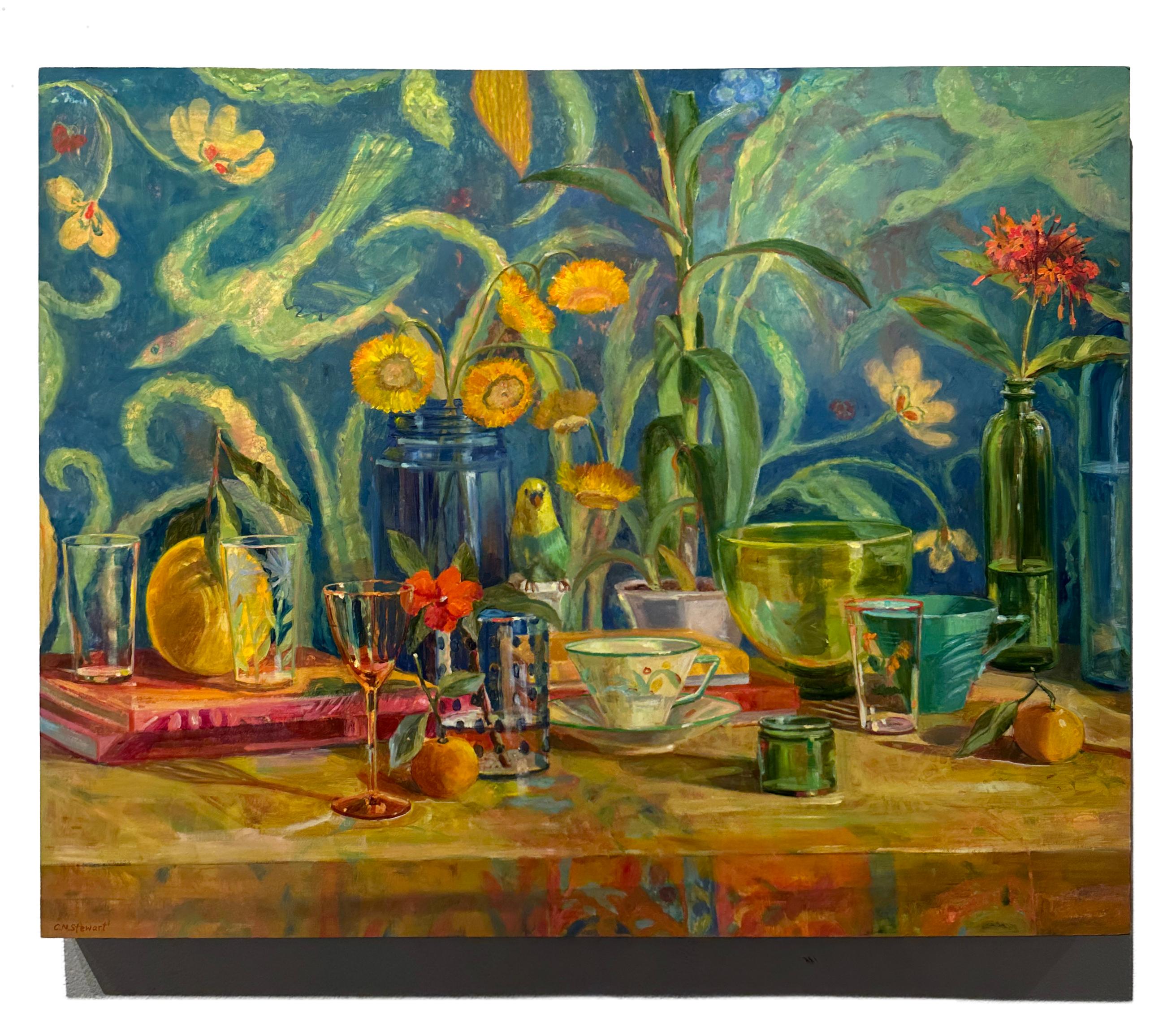 Birthday Birds, Still Life with Tablescape, Parakeet and Floral Wallpaper 4