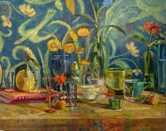 Oiseaux anniversaires, natures mortes avec paysage de table, parakeet et papier peint à fleurs