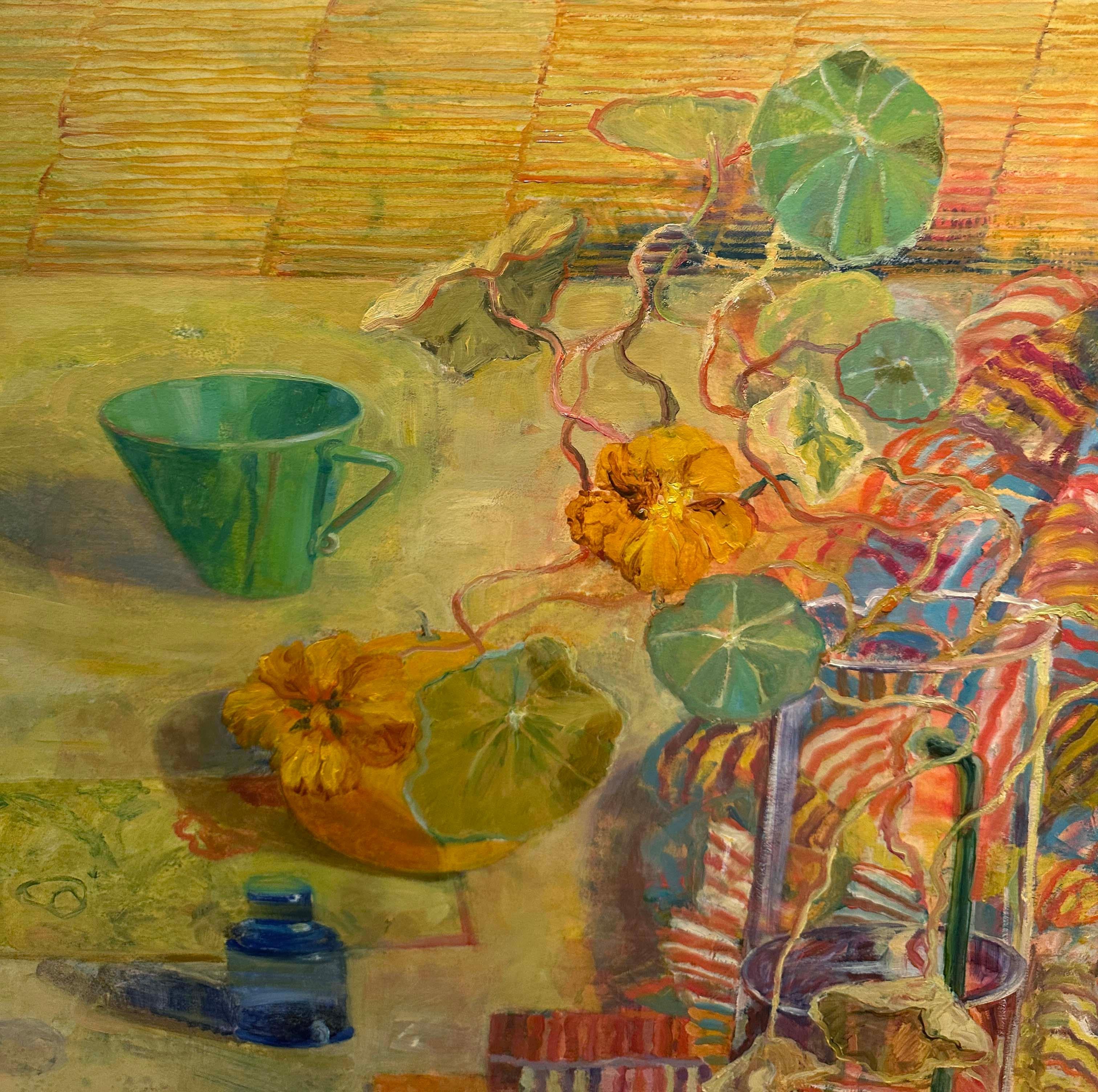 Nasturzi e motivi - Natura morta colorata impressionista dipinta a olio - Painting di Carol Stewart