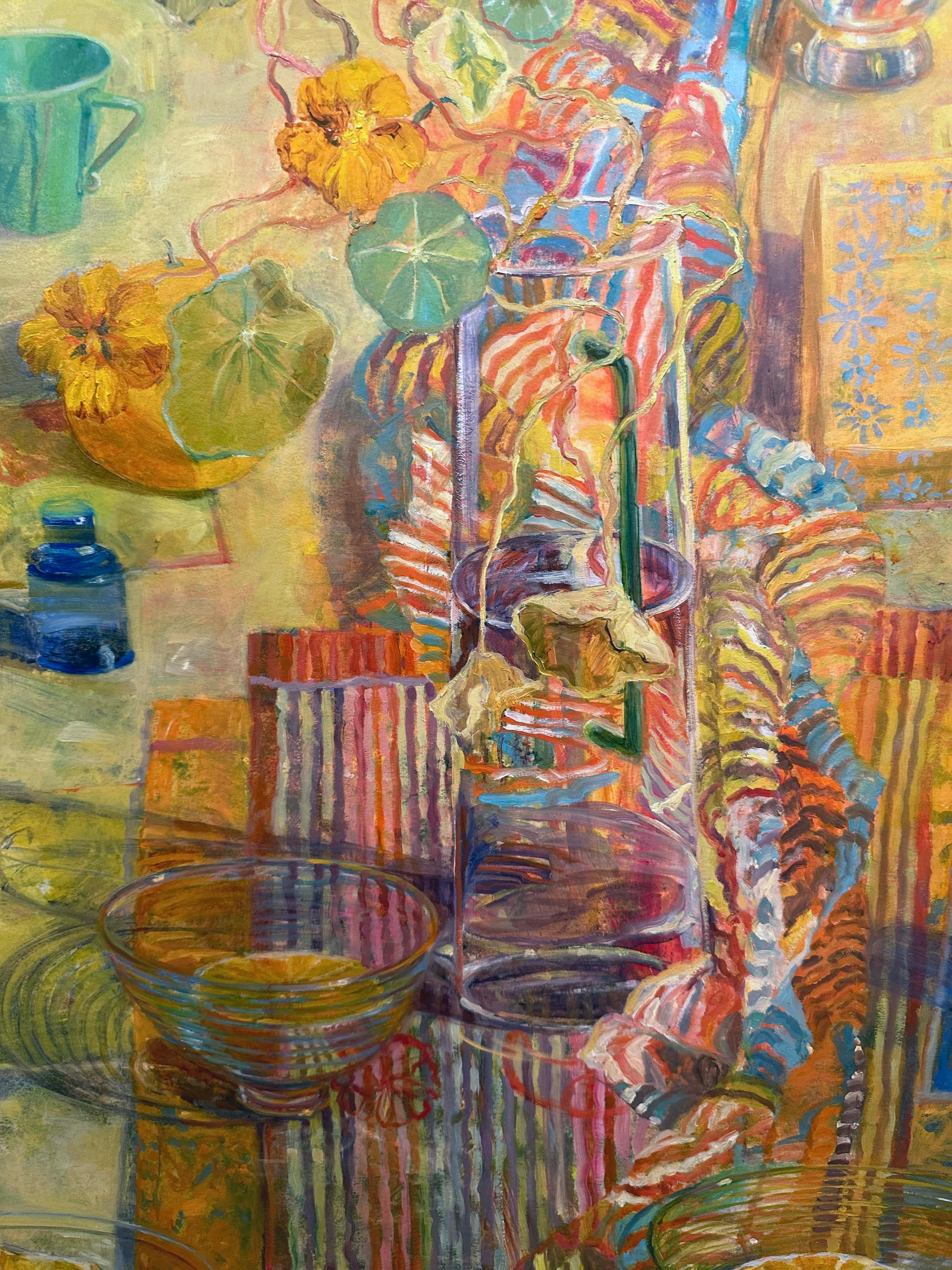 Nasturzi e motivi - Natura morta colorata impressionista dipinta a olio - Painting Impressionismo di Carol Stewart