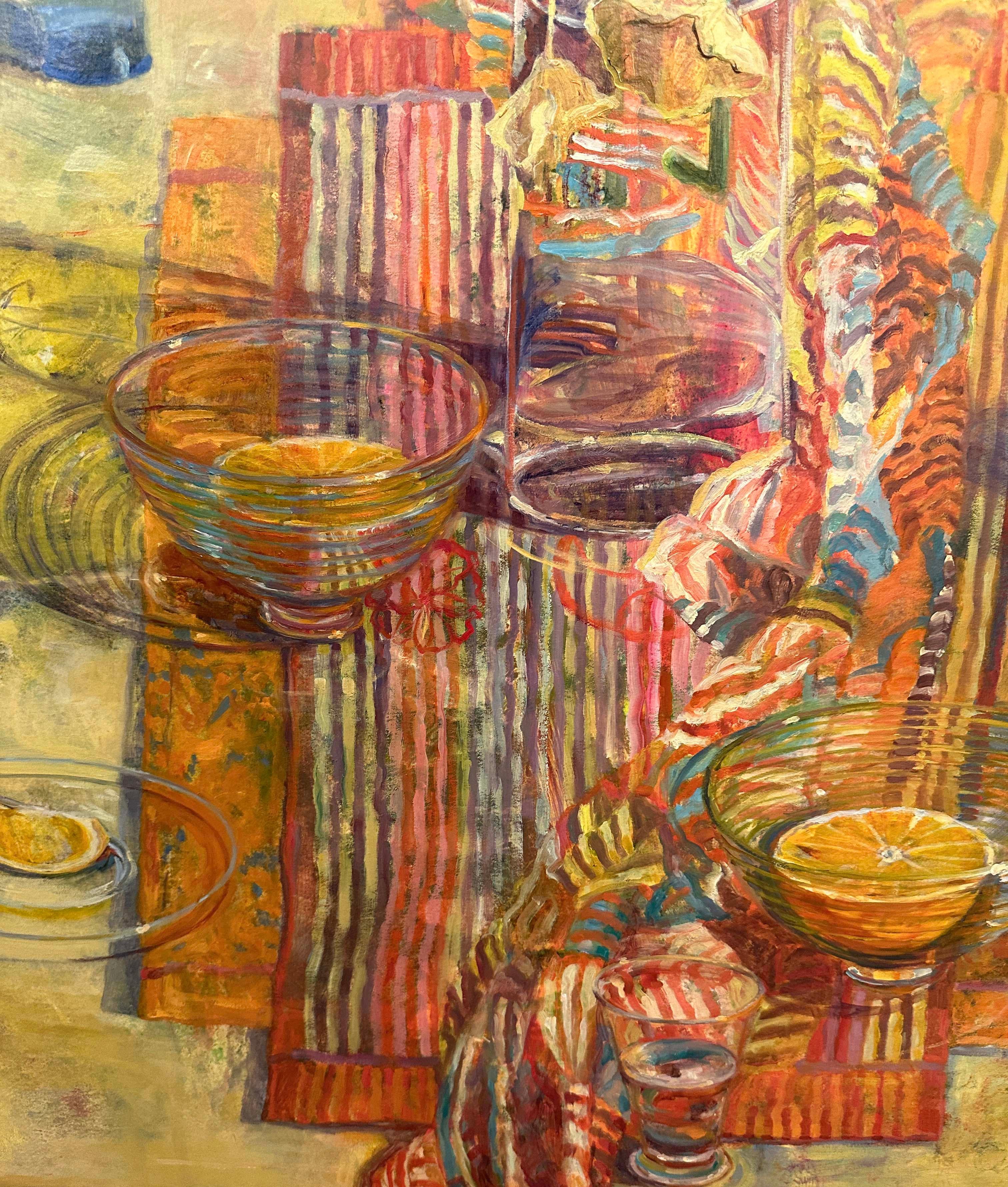Nasturzi e motivi - Natura morta colorata impressionista dipinta a olio - Interior Painting Marrone di Carol Stewart