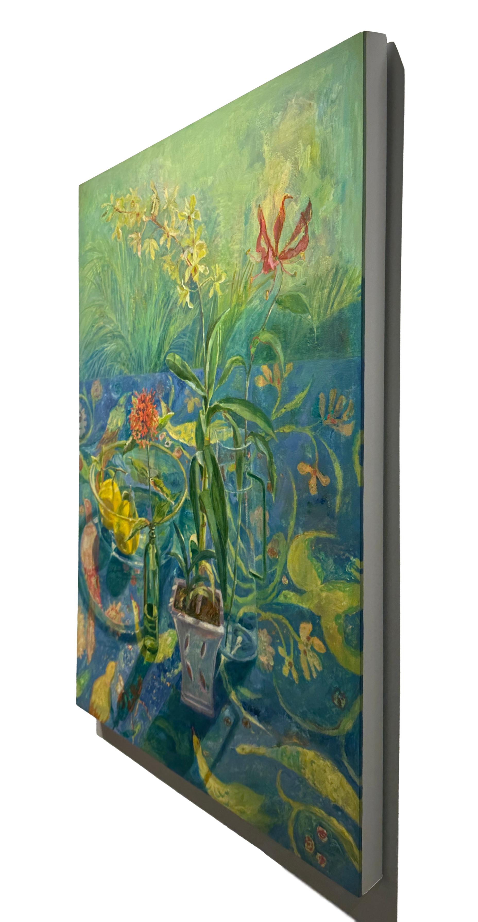 Orchidea, Ixora, Giglio - Tavola, arazzi vibranti, vetro riflettente e flora - Painting Impressionismo di Carol Stewart