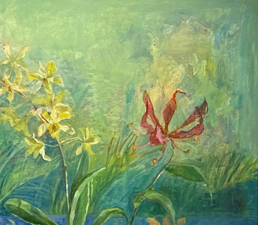 Orchidea, Ixora, Giglio - Tavola, arazzi vibranti, vetro riflettente e flora 3