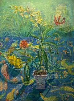 Orchidee, Ixora, Lilie – Tischlandschaft, lebhafte Wandteppiche, reflektierendes Glas und Flora