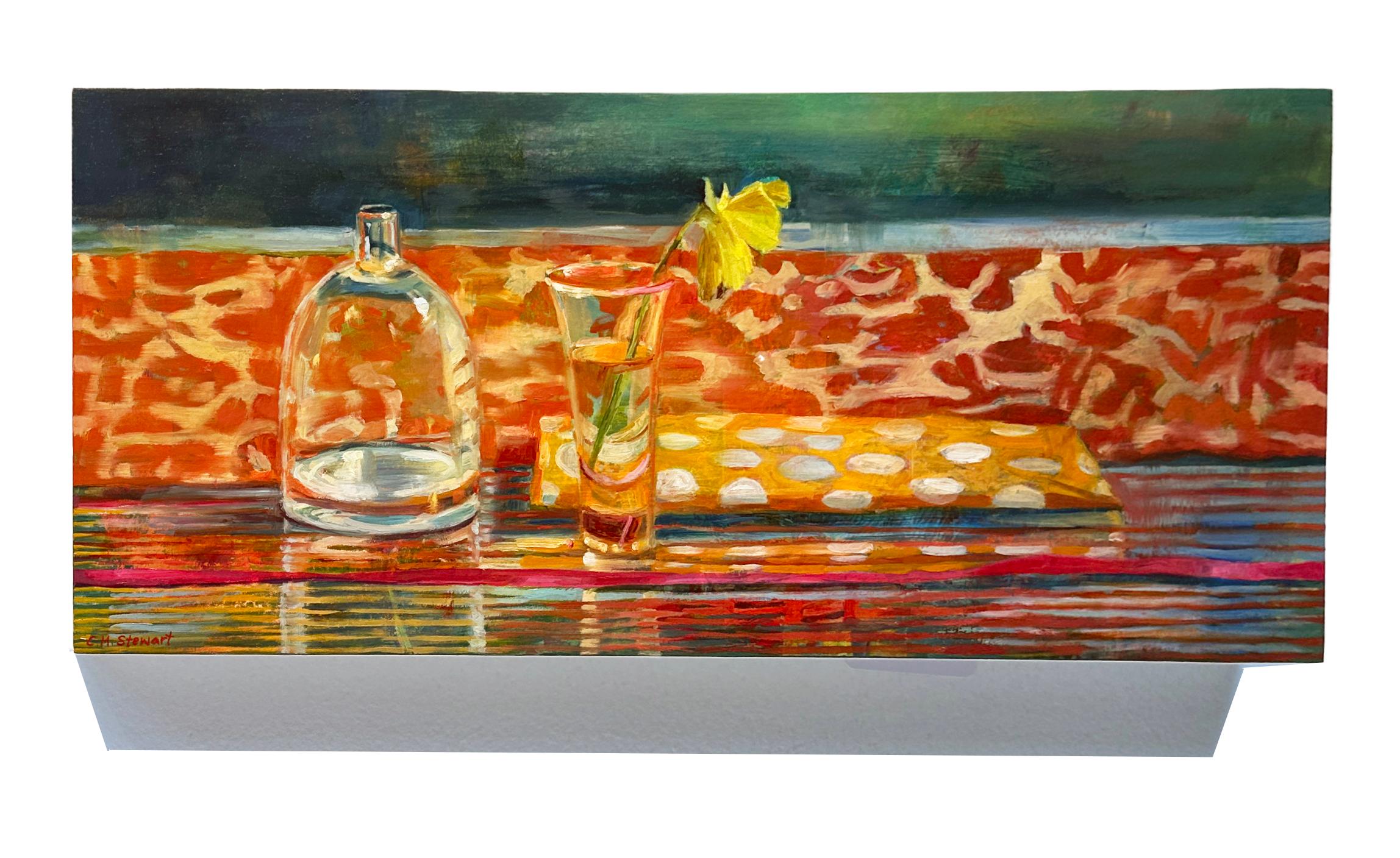 Pansy and Patterns - Vibrantly Patterned Fabric, Reflective Glassware & a Pansy - Impressionist Painting by Carol Stewart