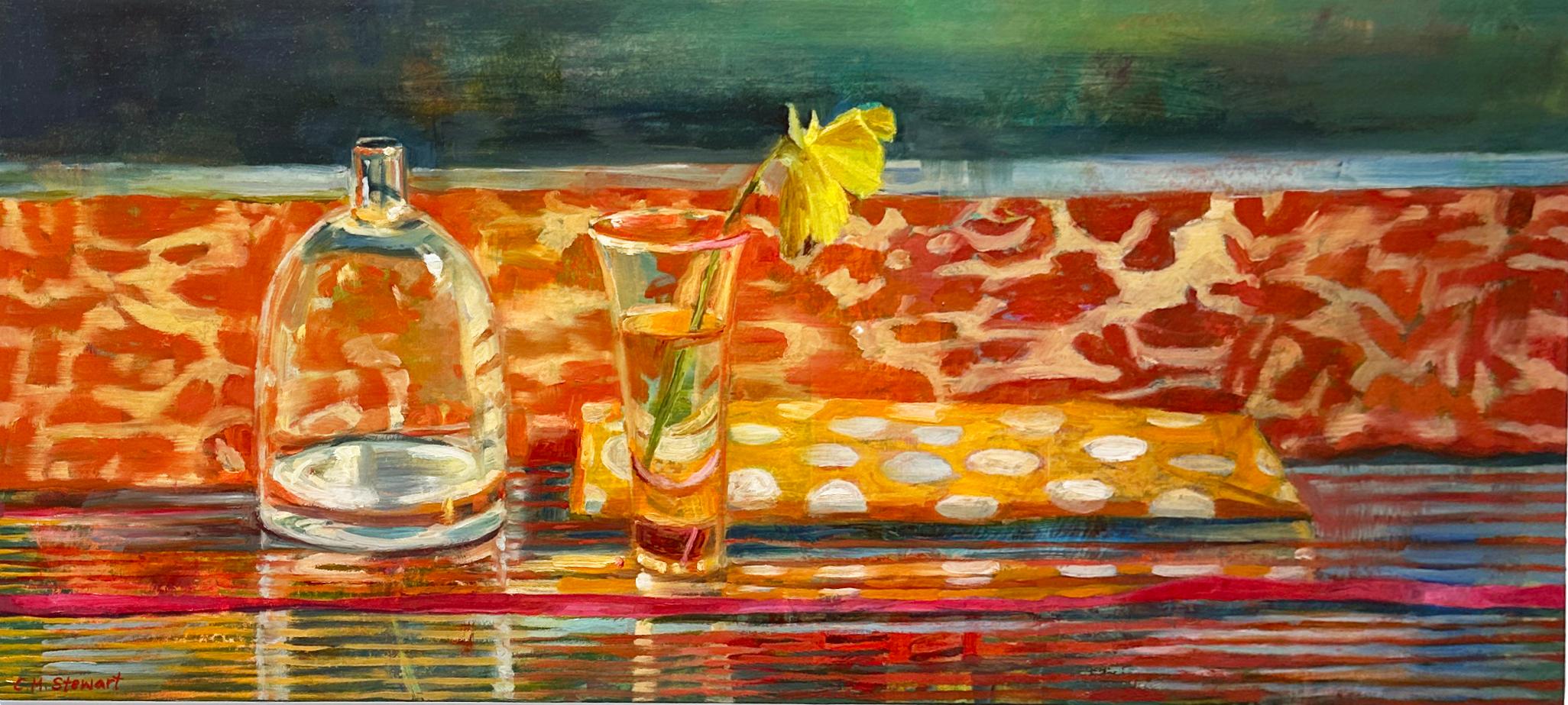 Carol Stewart Interior Painting - Pansy and Patterns - Vibrantly Patterned Fabric, Reflective Glassware & a Pansy