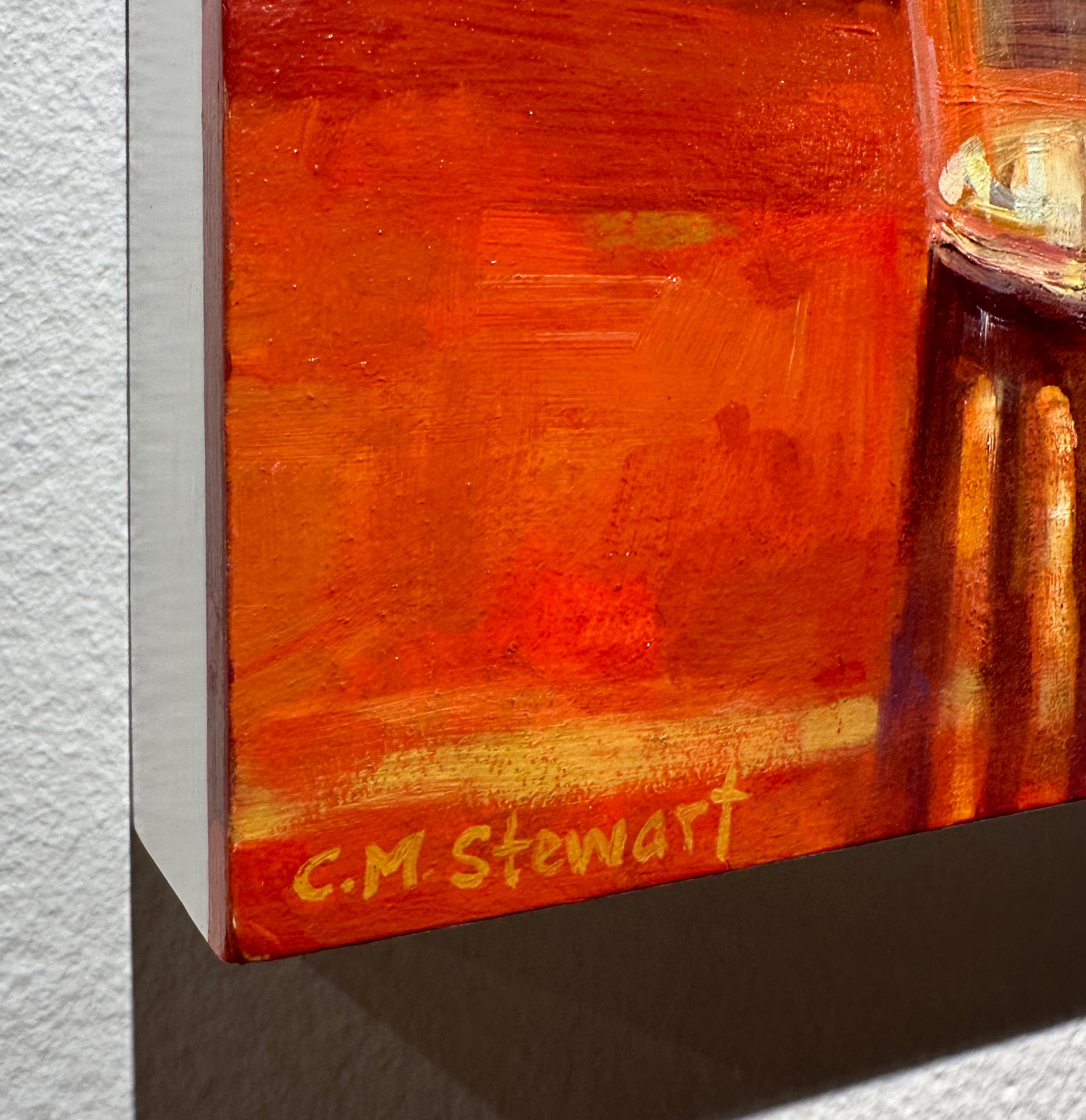 Stacked Fabric, Mandarin - Vibrant Patterns, Reflective Glass & an Orange - Painting by Carol Stewart