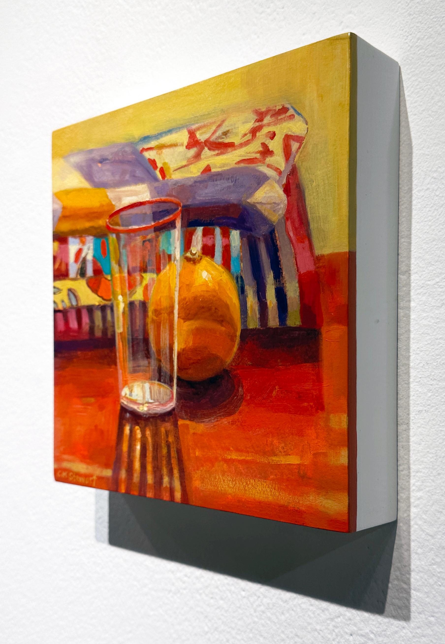 Stacked Fabric, Mandarin - Vibrant Patterns, Reflective Glass & an Orange - Impressionist Painting by Carol Stewart