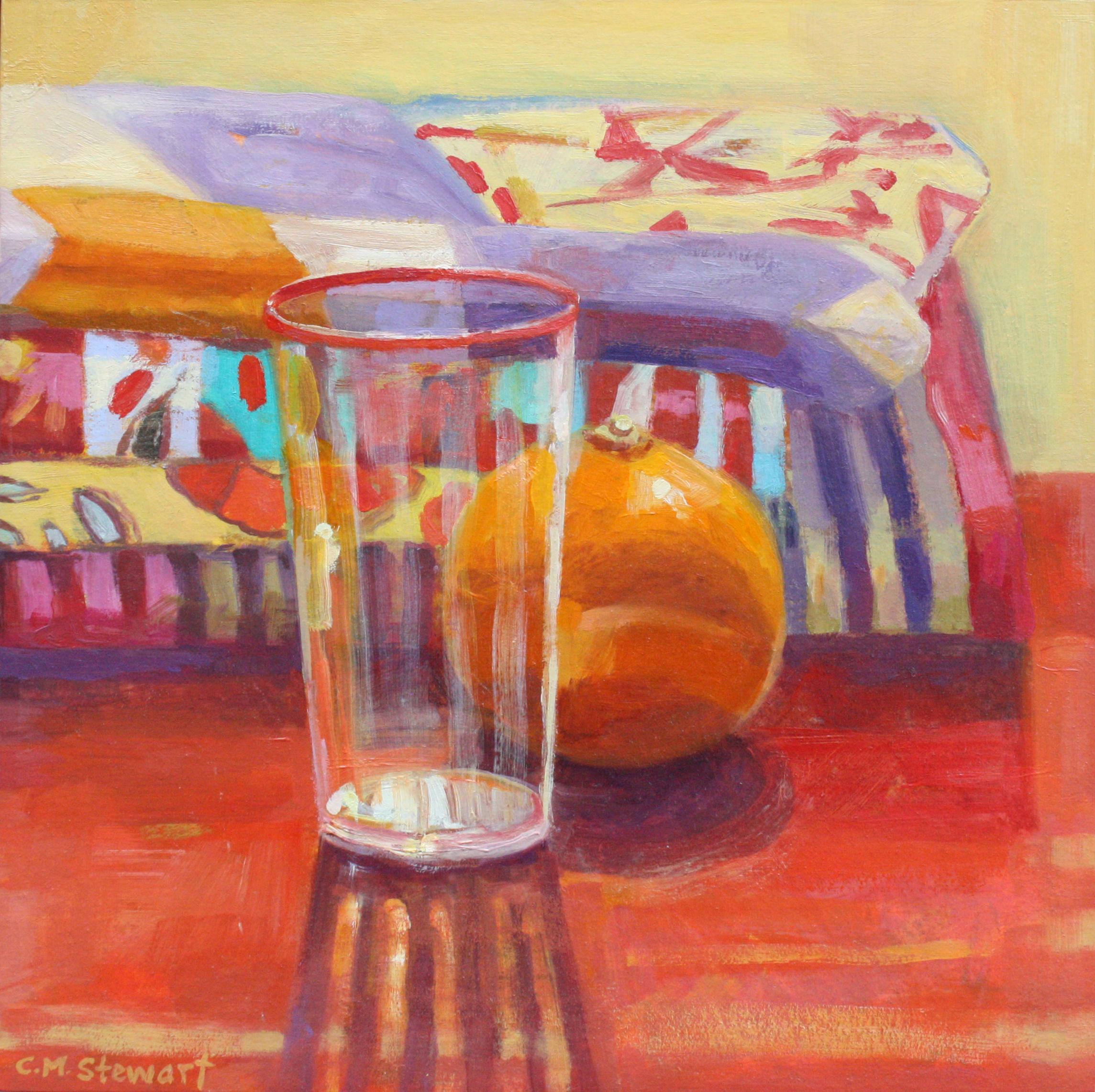 Carol Stewart Still-Life Painting - Stacked Fabric, Mandarin - Vibrant Patterns, Reflective Glass & an Orange