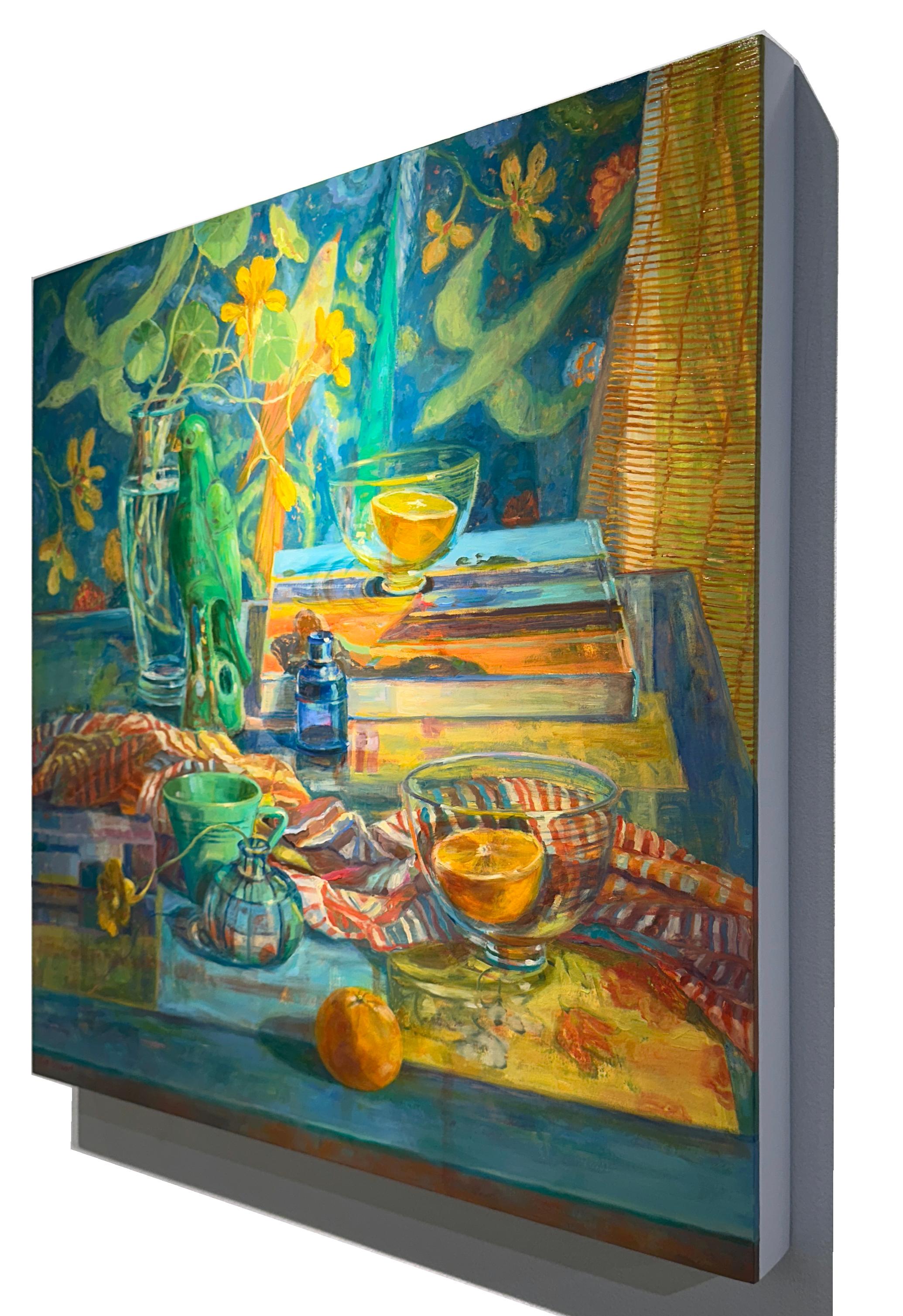 Still Life with Green Parrot - Colorful Impressionist Still Life Oil Painting For Sale 6
