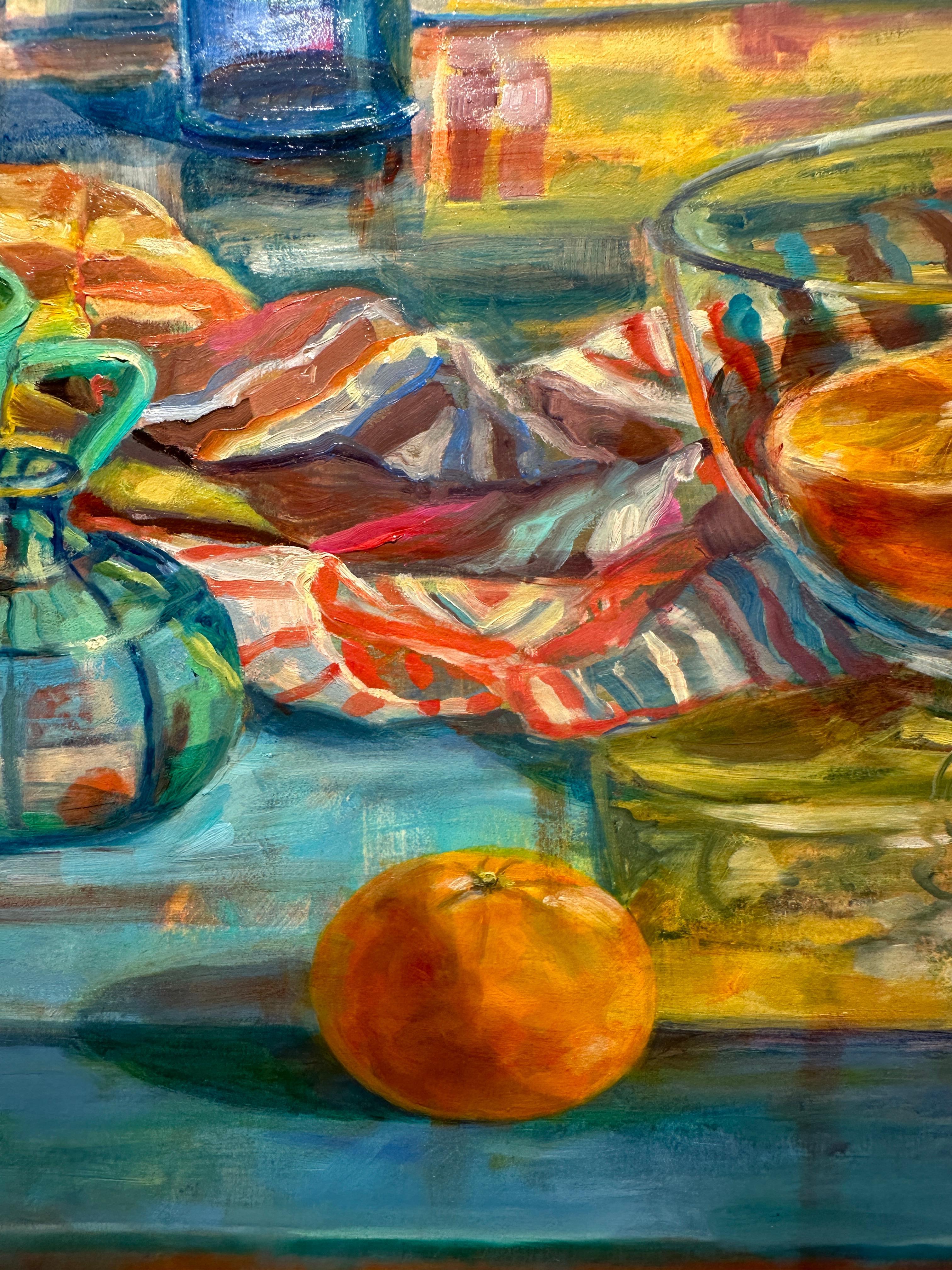 Still Life with Green Parrot - Colorful Impressionist Still Life Oil Painting - Gray Interior Painting by Carol Stewart