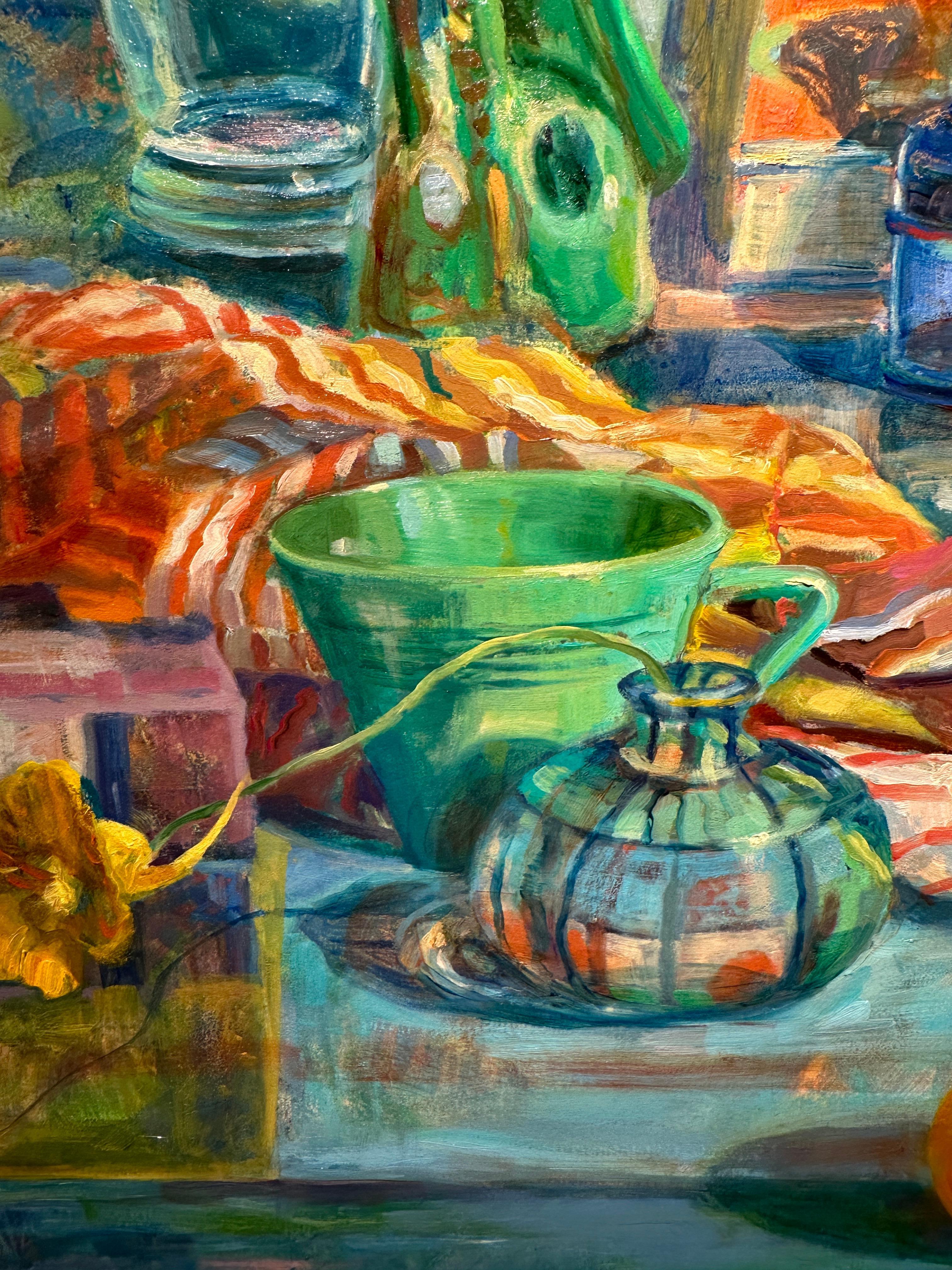 Still Life with Green Parrot - Colorful Impressionist Still Life Oil Painting For Sale 1