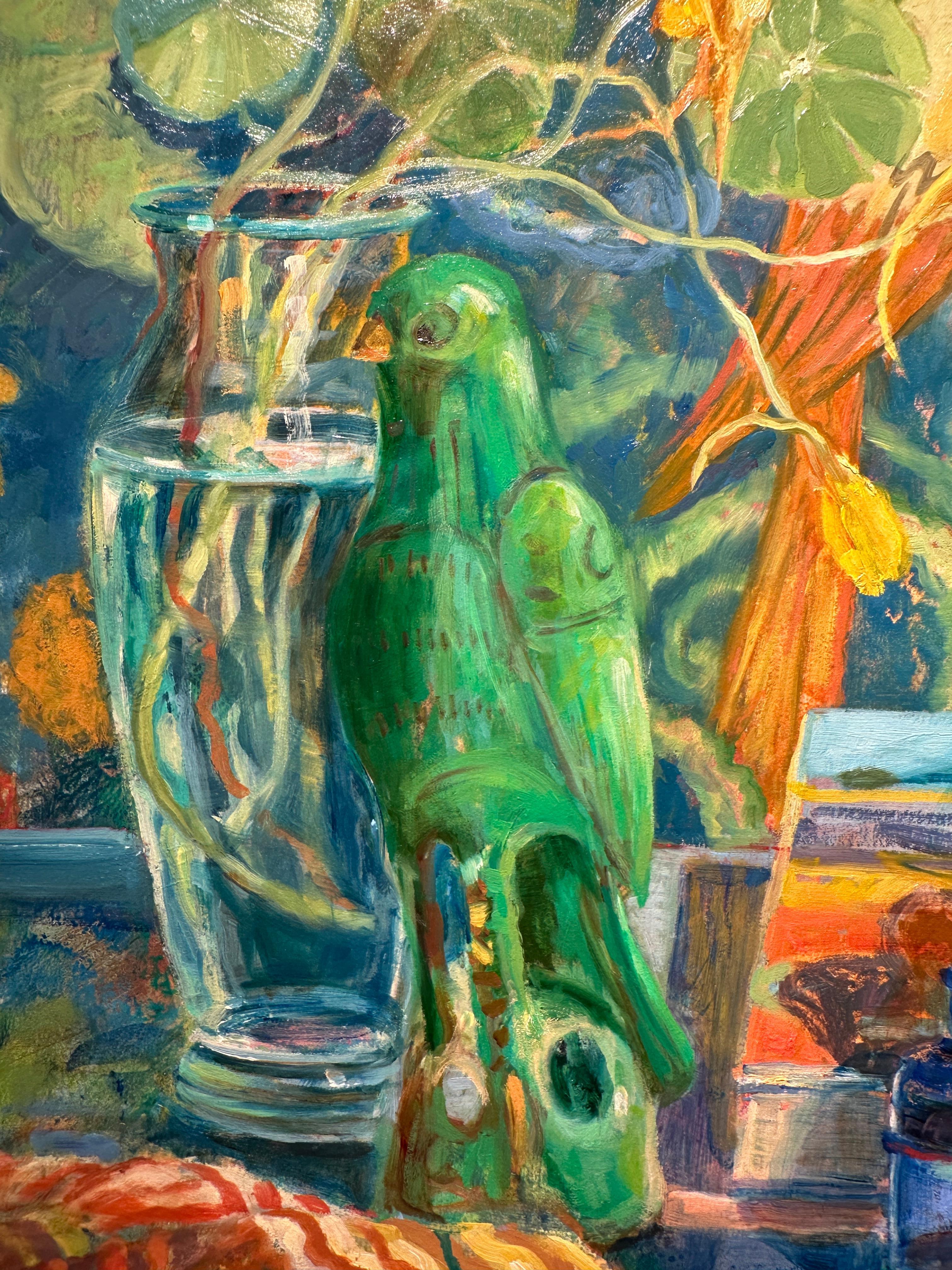 Still Life with Green Parrot - Colorful Impressionist Still Life Oil Painting For Sale 2