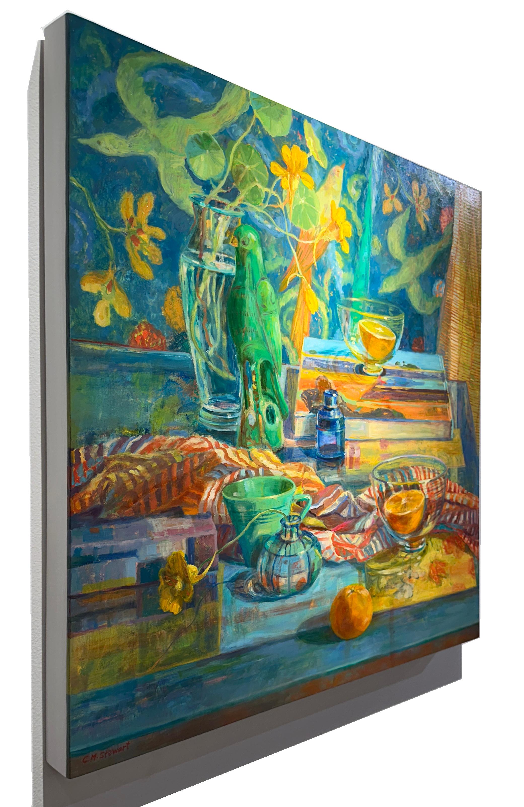 Still Life with Green Parrot - Colorful Impressionist Still Life Oil Painting For Sale 4