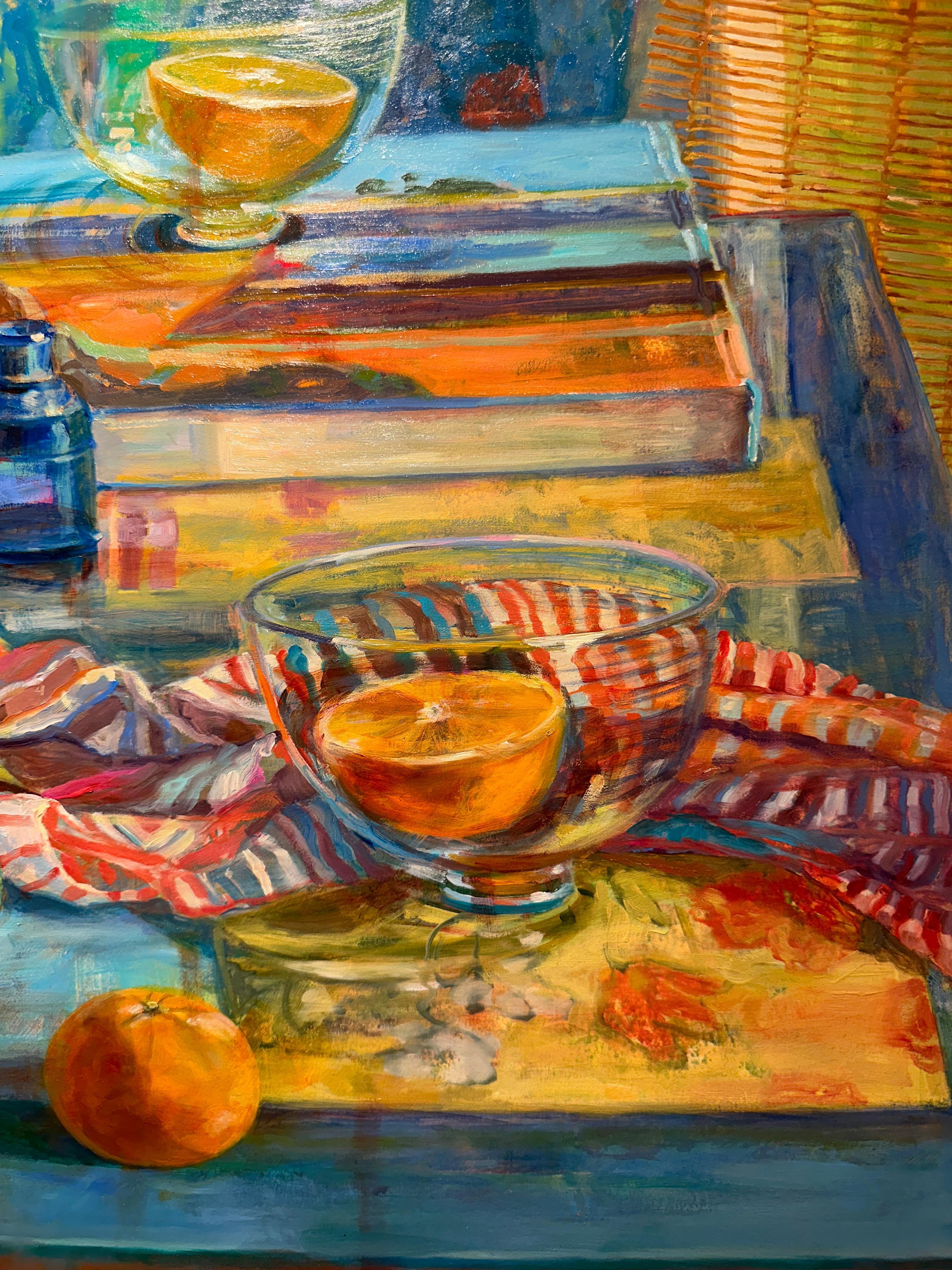 Still Life with Green Parrot - Colorful Impressionist Still Life Oil Painting For Sale 5