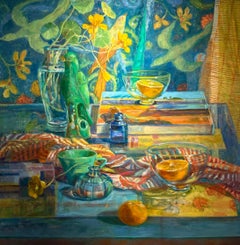 Still Life with Green Parrot - Colorful Impressionist Still Life Oil Painting