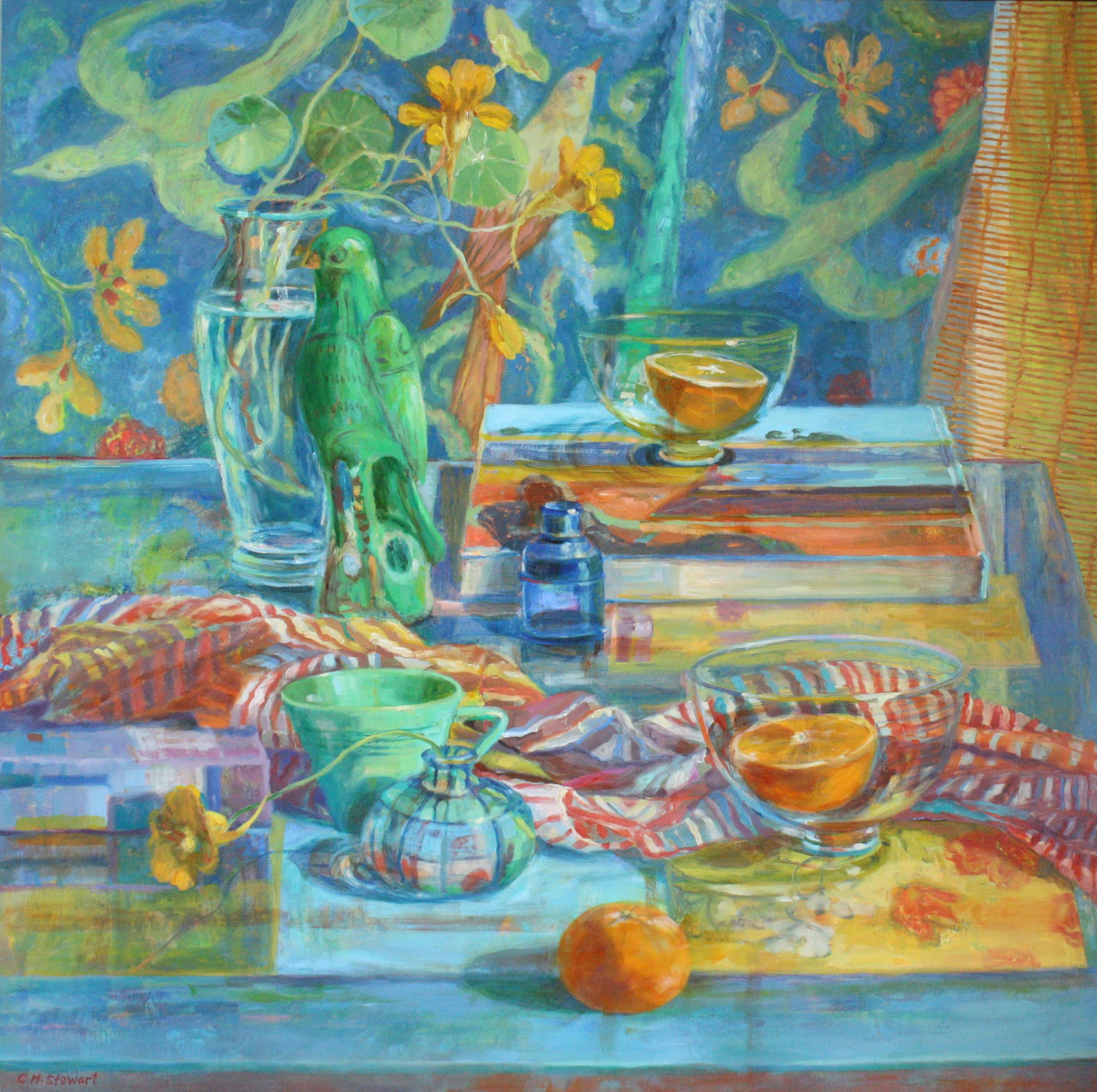 Naturaleza muerta con loro verde - Pintura al óleo de naturaleza muerta impresionista de colores