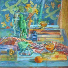 Natura morta con pappagallo verde - Colorata pittura ad olio di natura morta impressionista