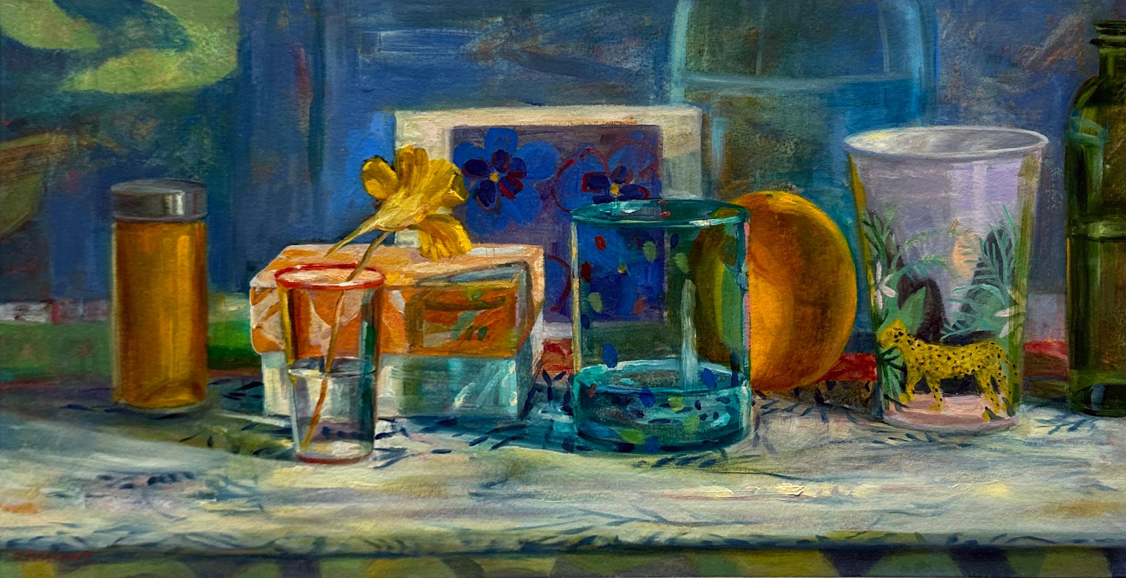 Turmeric, Nasturtium, Orange - Still Life with Patterns & Reflective Glassware - Painting by Carol Stewart