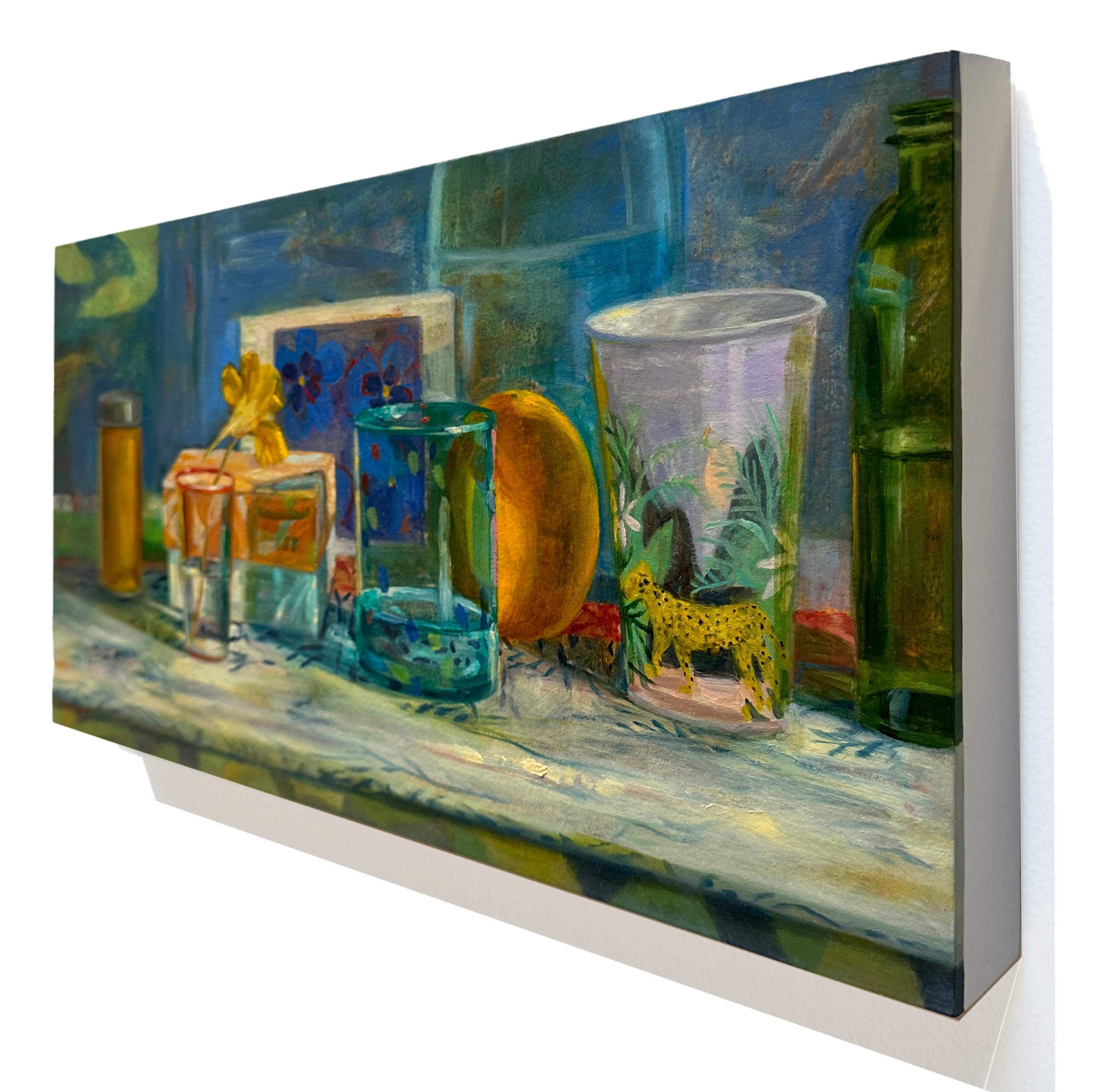 Turmeric, Nasturtium, Orange - Still Life with Patterns & Reflective Glassware - Impressionist Painting by Carol Stewart