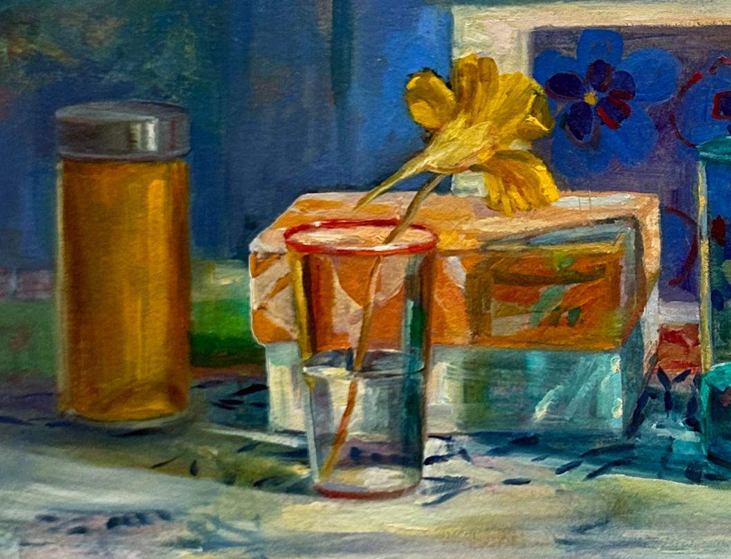 Turmeric, Nasturtium, Orange - Still Life with Patterns & Reflective Glassware - Blue Still-Life Painting by Carol Stewart
