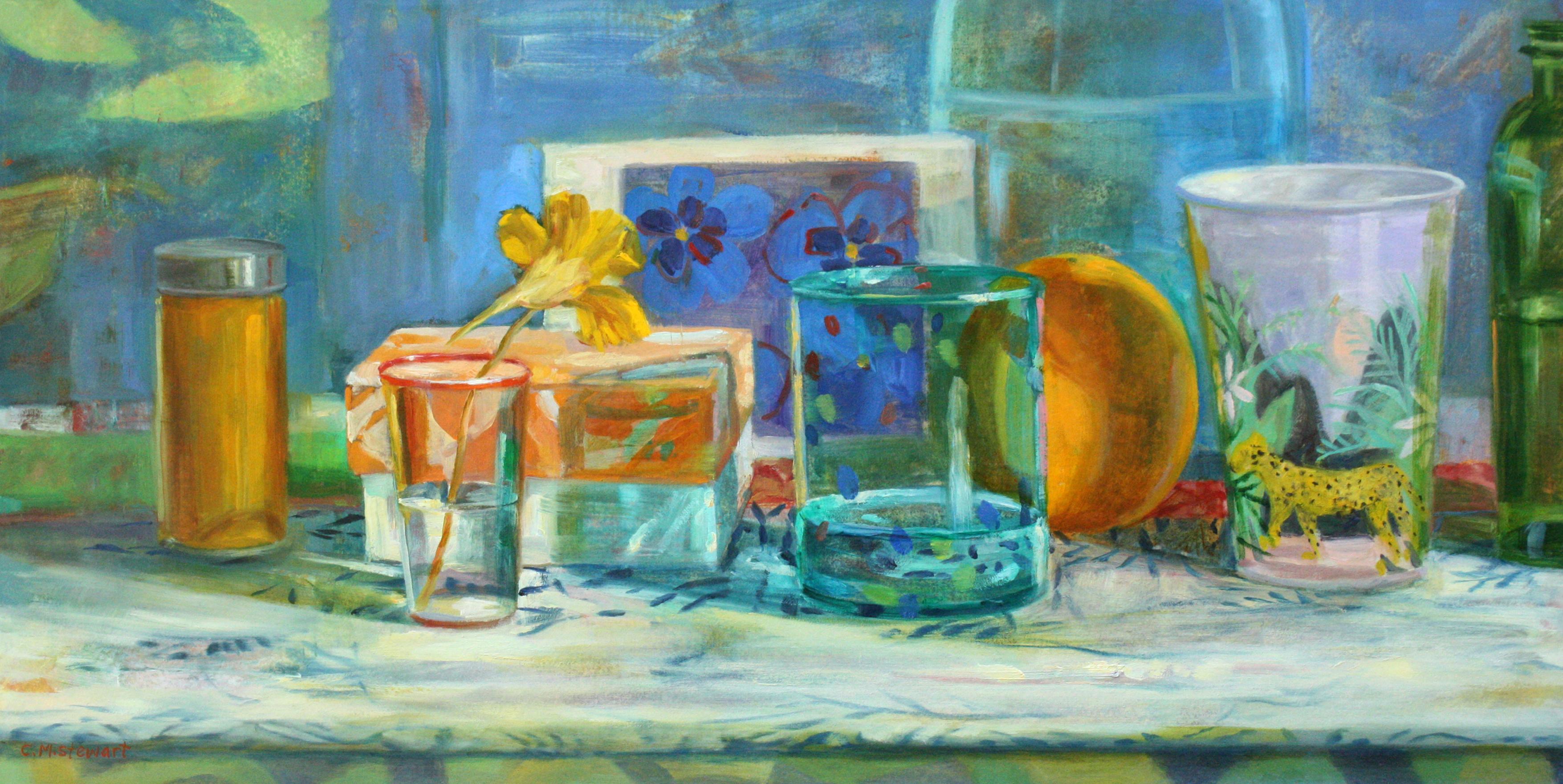 Carol Stewart Still-Life Painting - Turmeric, Nasturtium, Orange - Still Life with Patterns & Reflective Glassware