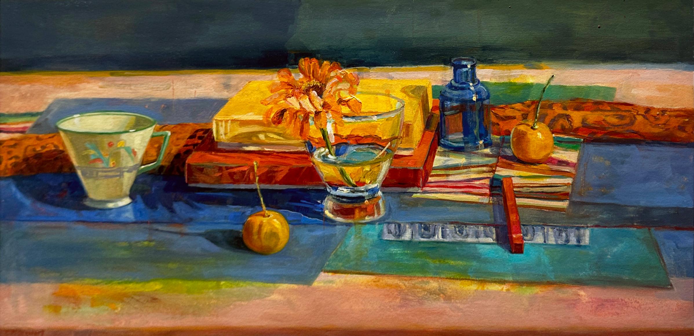 Zinnia, Kumquats - Still Life with Colorful Fabrics & Reflective Glassware - Painting by Carol Stewart