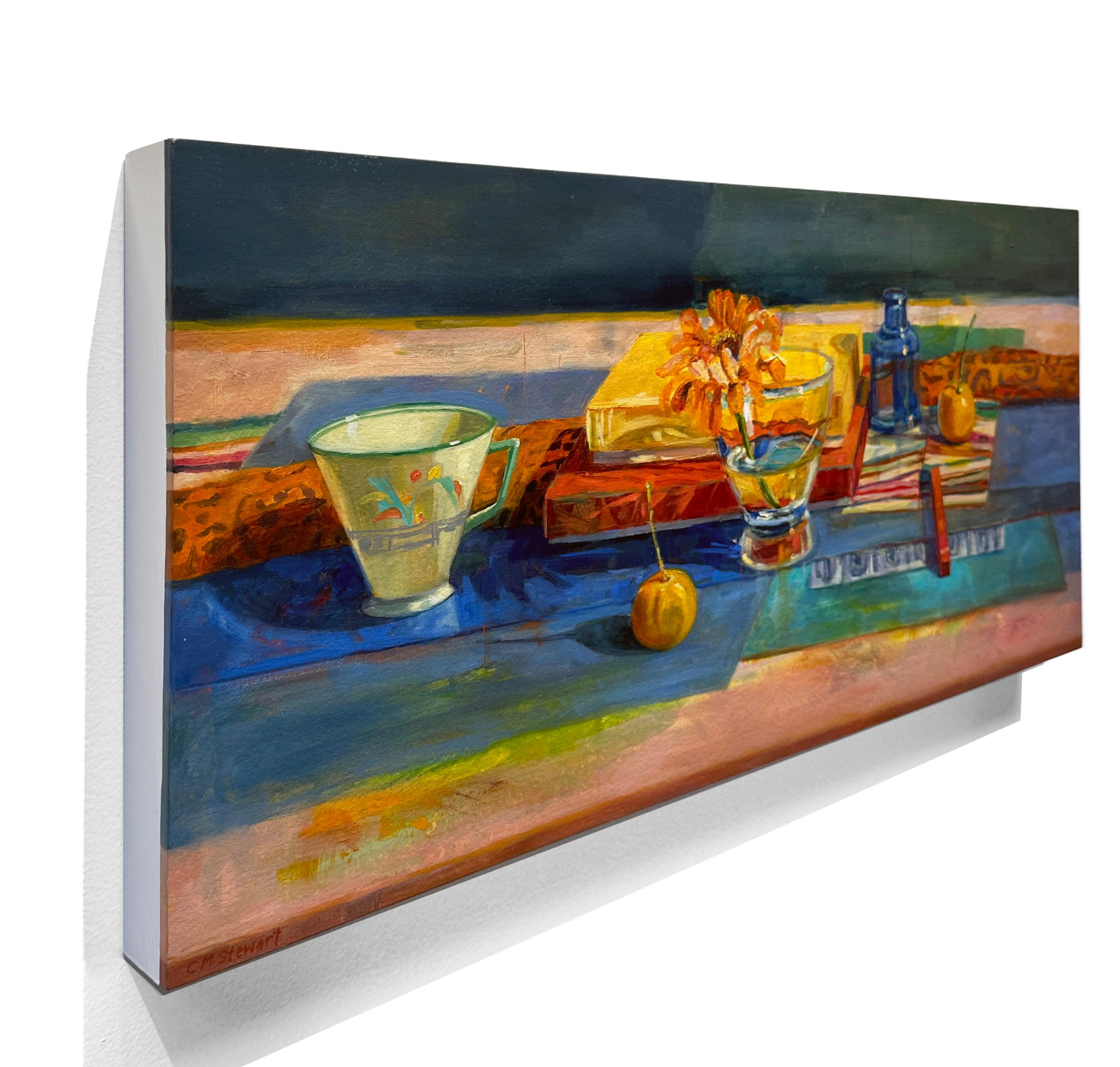 Zinnia, Kumquats - Still Life with Colorful Fabrics & Reflective Glassware - Impressionist Painting by Carol Stewart