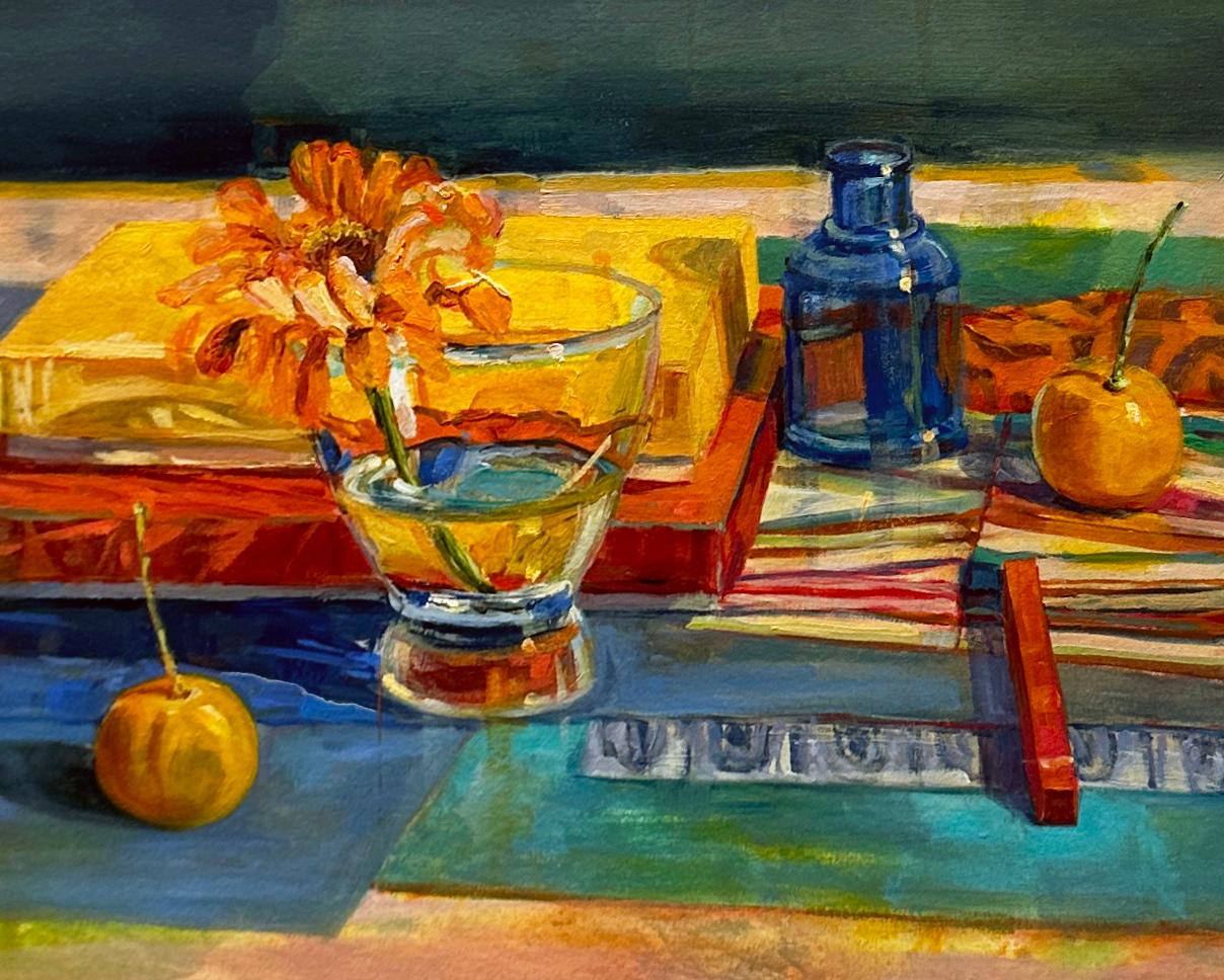 Zinnia, Kumquats - Still Life with Colorful Fabrics & Reflective Glassware 2