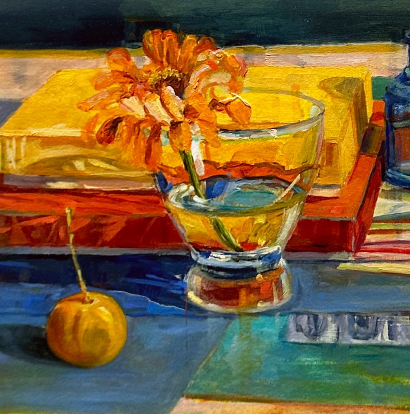 Zinnia, Kumquats - Still Life with Colorful Fabrics & Reflective Glassware 3
