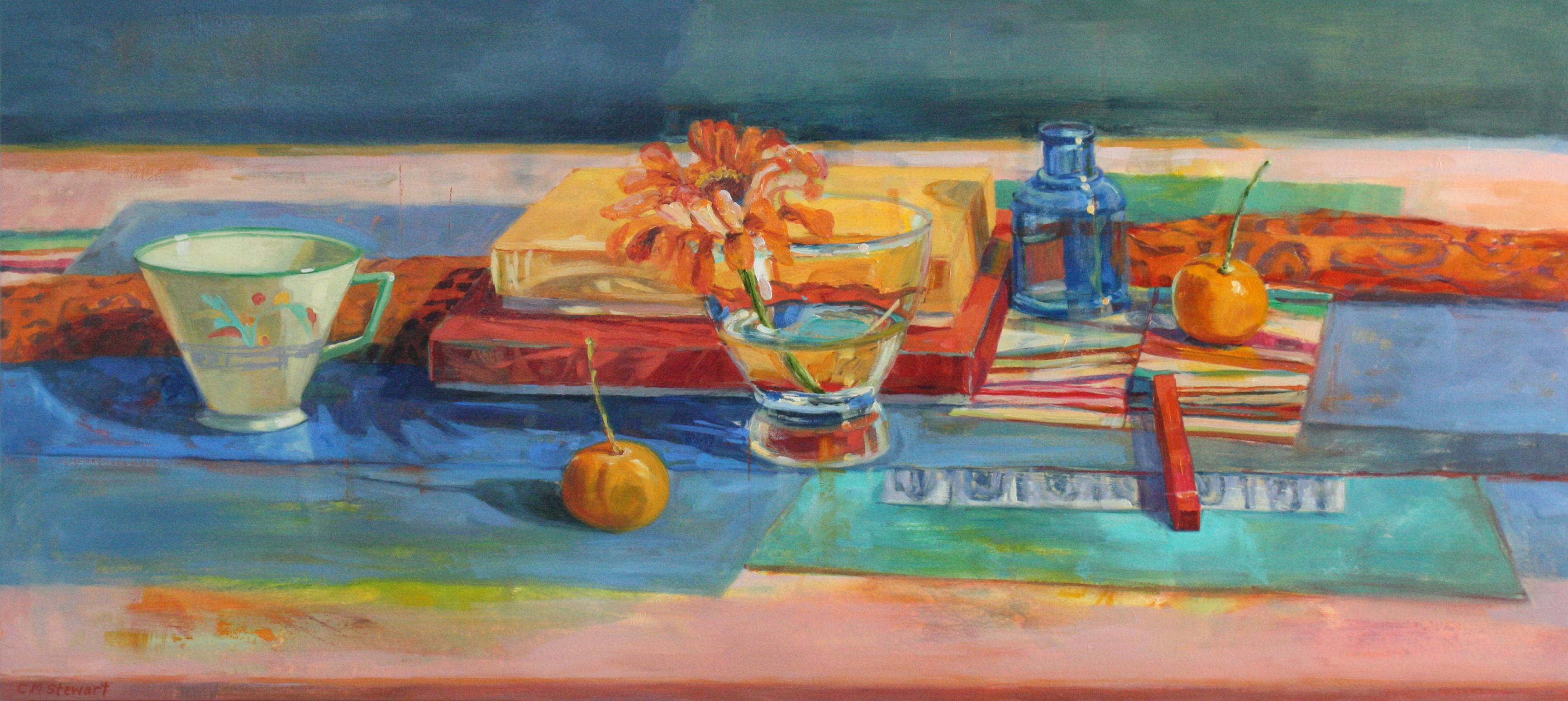 Carol Stewart Still-Life Painting - Zinnia, Kumquats - Still Life with Colorful Fabrics & Reflective Glassware