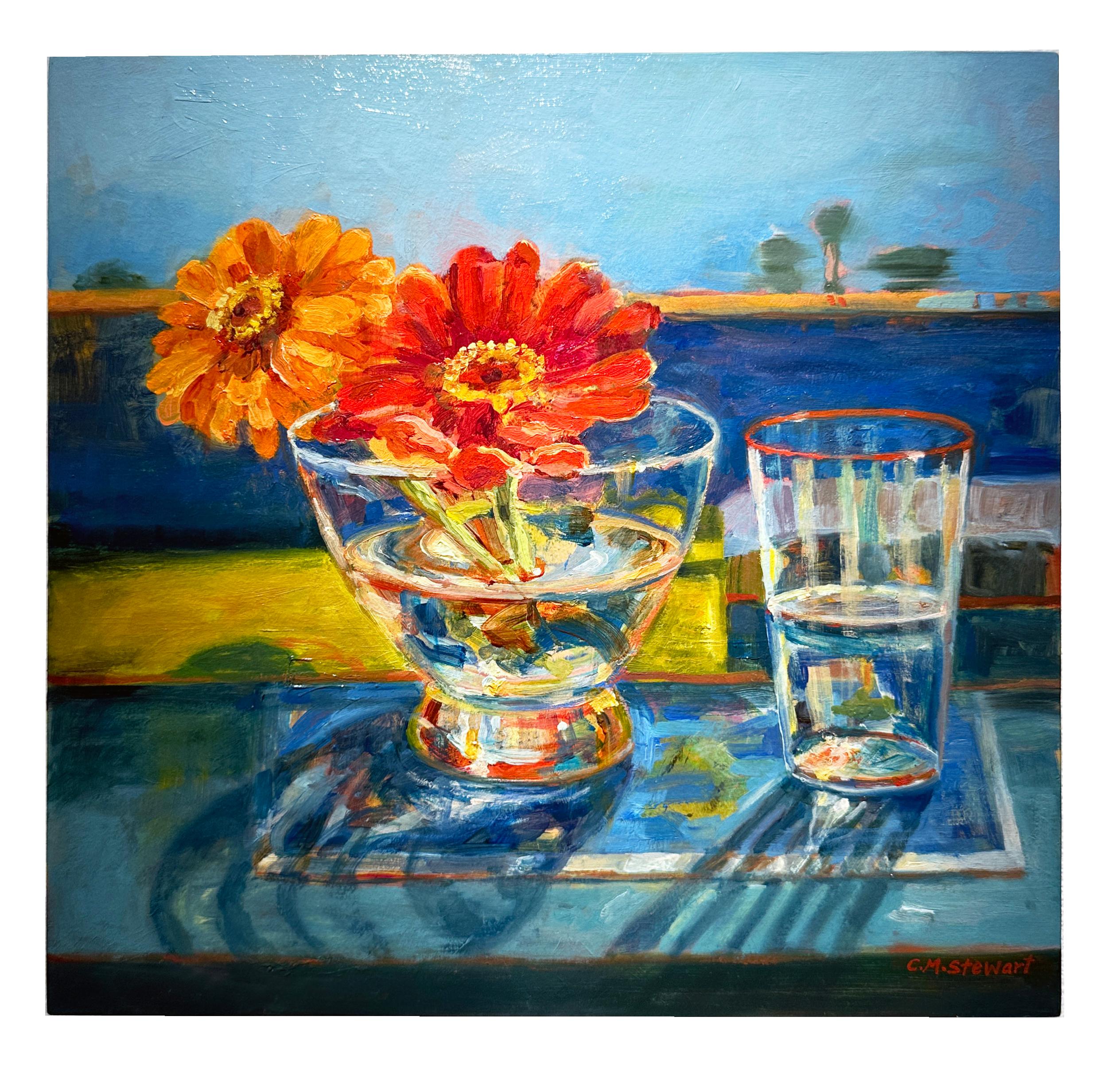 Zinnias et Diebenkorn - Nature morte impressionniste colorée à l'huile en vente 5
