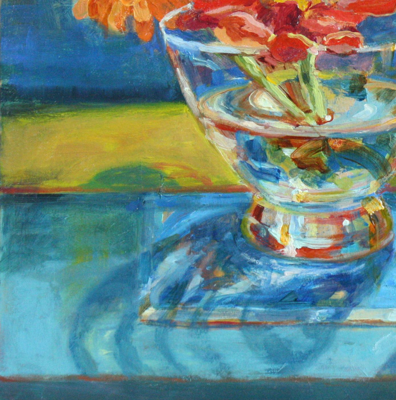 Zinnias et Diebenkorn - Nature morte impressionniste colorée à l'huile - Painting de Carol Stewart