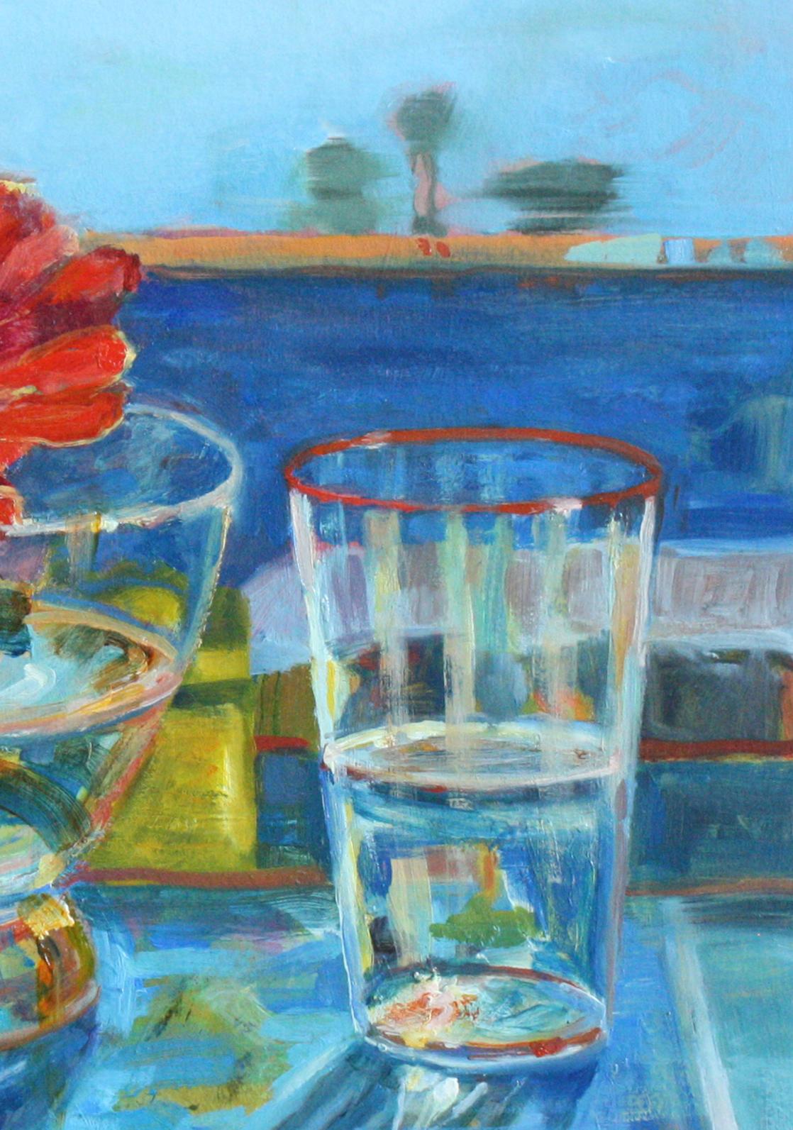 Zinnias et Diebenkorn - Nature morte impressionniste colorée à l'huile - Impressionnisme Painting par Carol Stewart